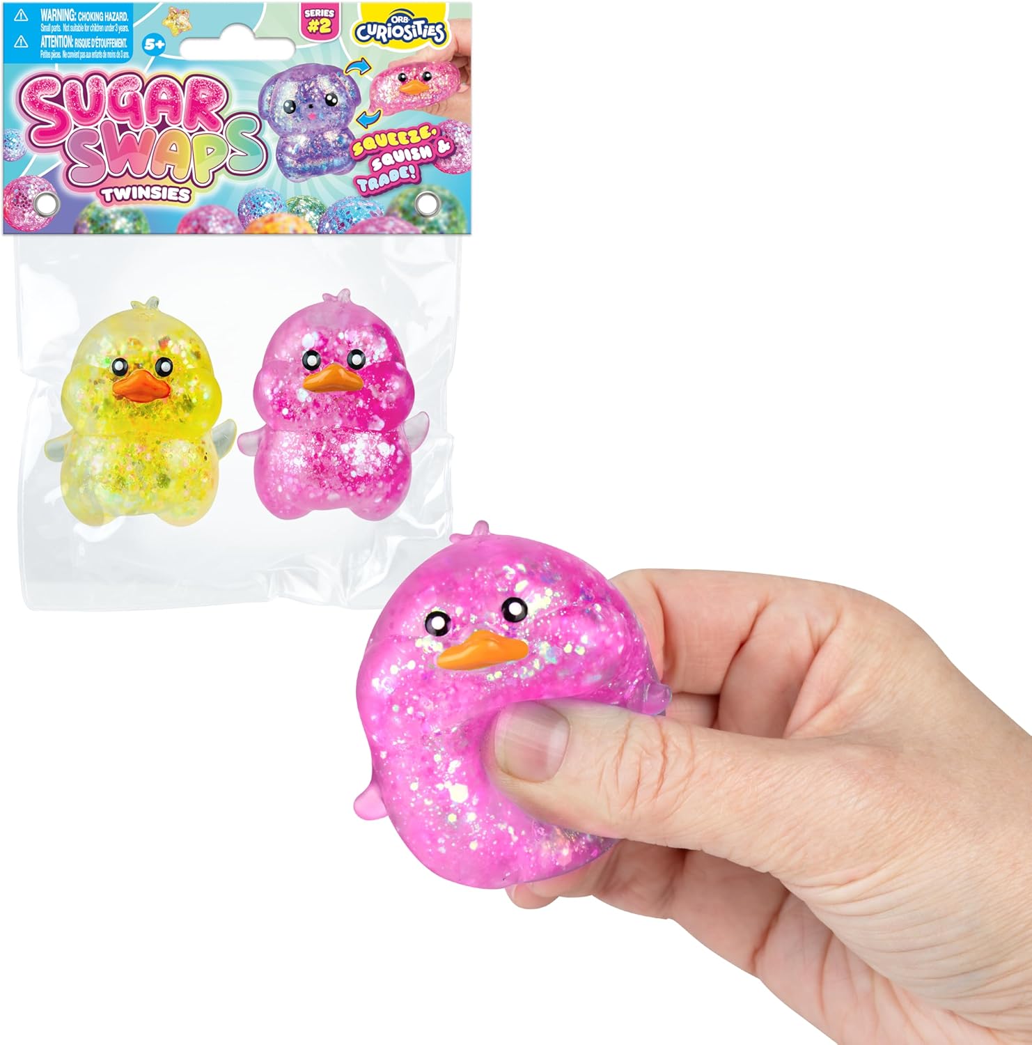 ORB Curiosities Duck and Babies Sugar Swaps 2 Pack - 4 Sparkly Sugar Duck and Baby Squishy Toys to Stretch, Squeeze, Collect, and Trade - Fun Stress Relief, Sensory and Fidget Toys for Kids and Adults