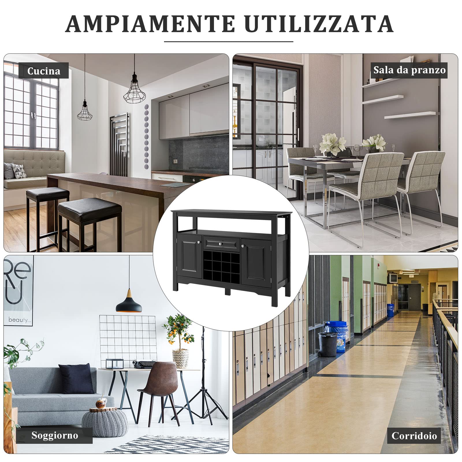 GYMAX Mobile Portabottiglie, Mobile da Buffet, Credenza con Cassetti e Armadietti, Scaffale per 12 Bottiglie in Legno, Ripiano Superiore Aperto, Mobile per Esposizione di Vini (NERO)