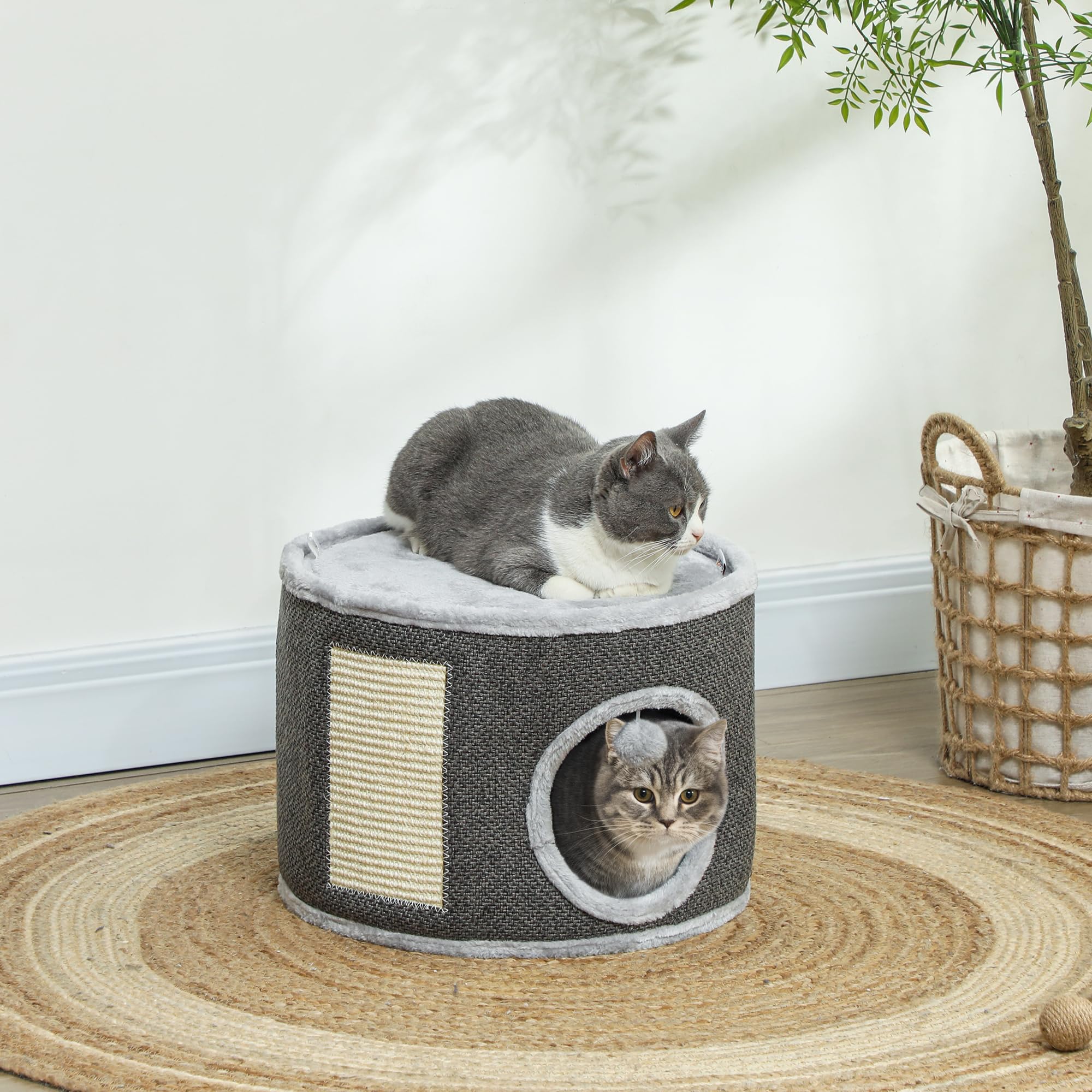 PawHut Tazzone tiragraffi alto 30 cm con grotta albero tiragraffi in sisal per gatti fino a 5 kg, bianco crema