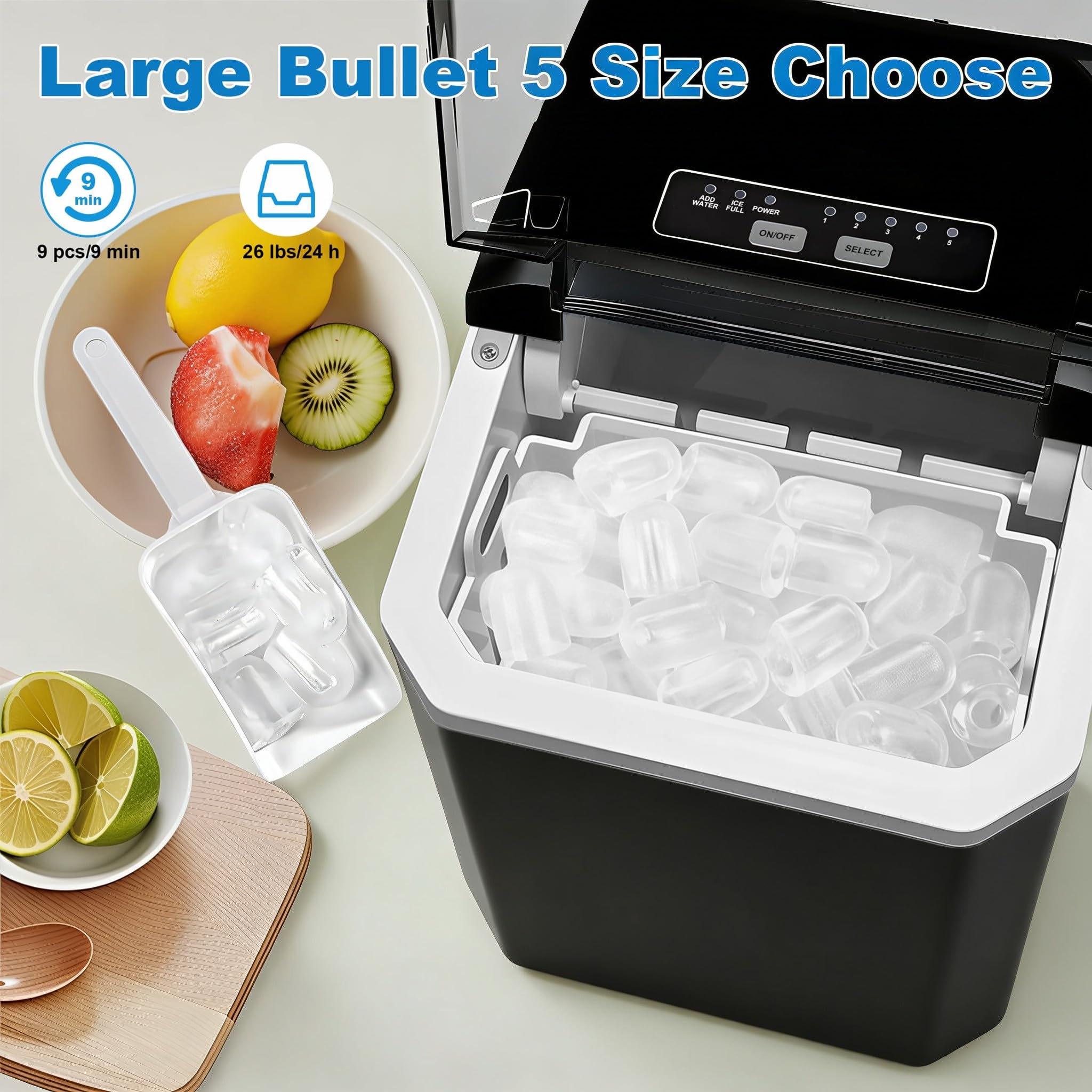 Fast Ice Making Countertop Ice Machine with 5 Ice Sizes, 30Lbs/24H, Self-Cleaning Portable Ice Maker for Kitchen Home Bar and Outdoor Activities — view 3