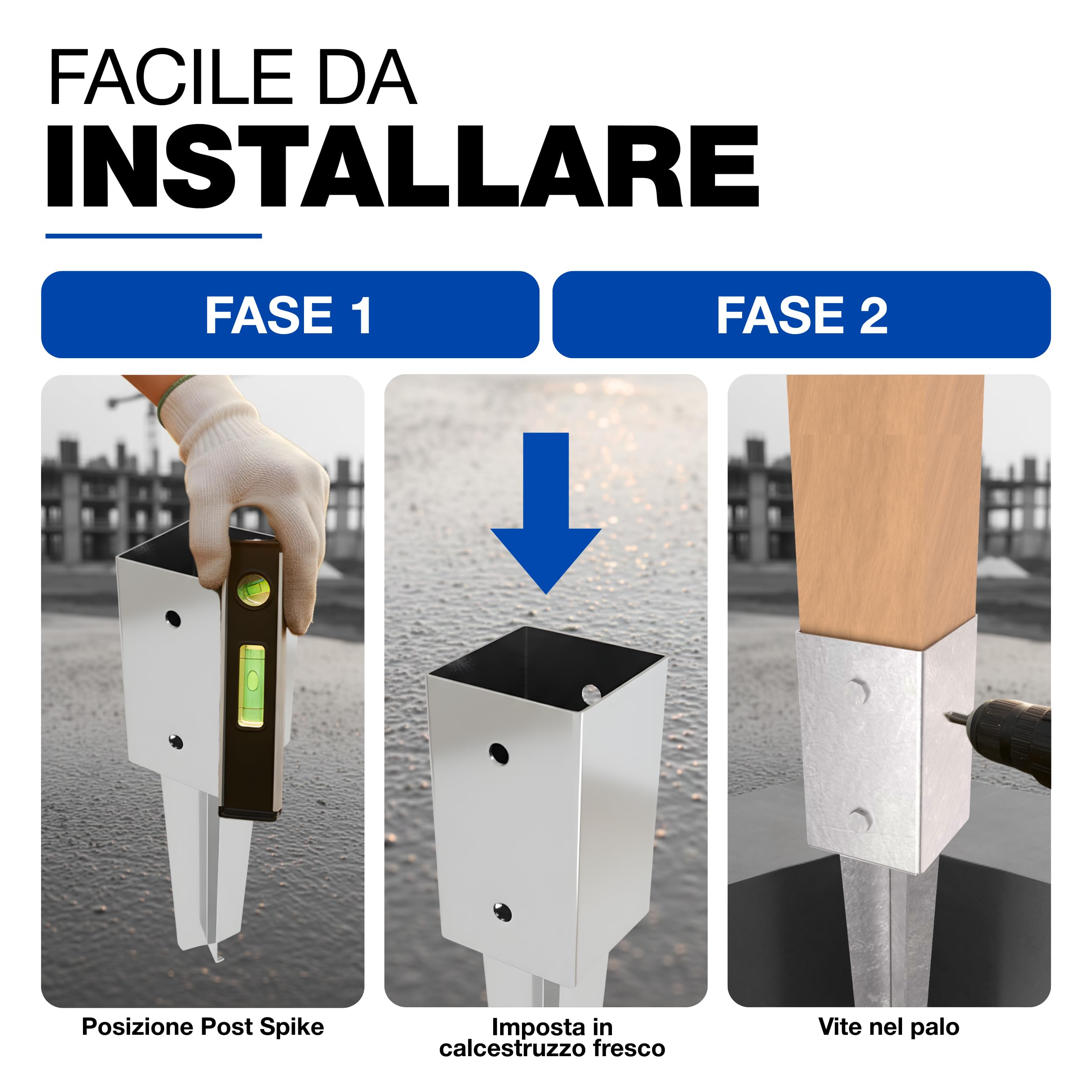 GeZu Impex Supporto per Palo 81 x 81 mm Set di 4 | Zincato a Caldo Ancoraggio per Recinzione con Punta da Cemento Supporto a Punta per Palo con Aletta Corta
