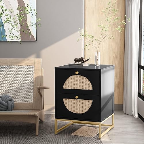 Miniatura 5 de AWQM Mesita de noche de ratán, mesa auxiliar con 2 cajones de ratán, mesita de noche cuadrada de madera con almacenamiento, mesa de sofá decorativa