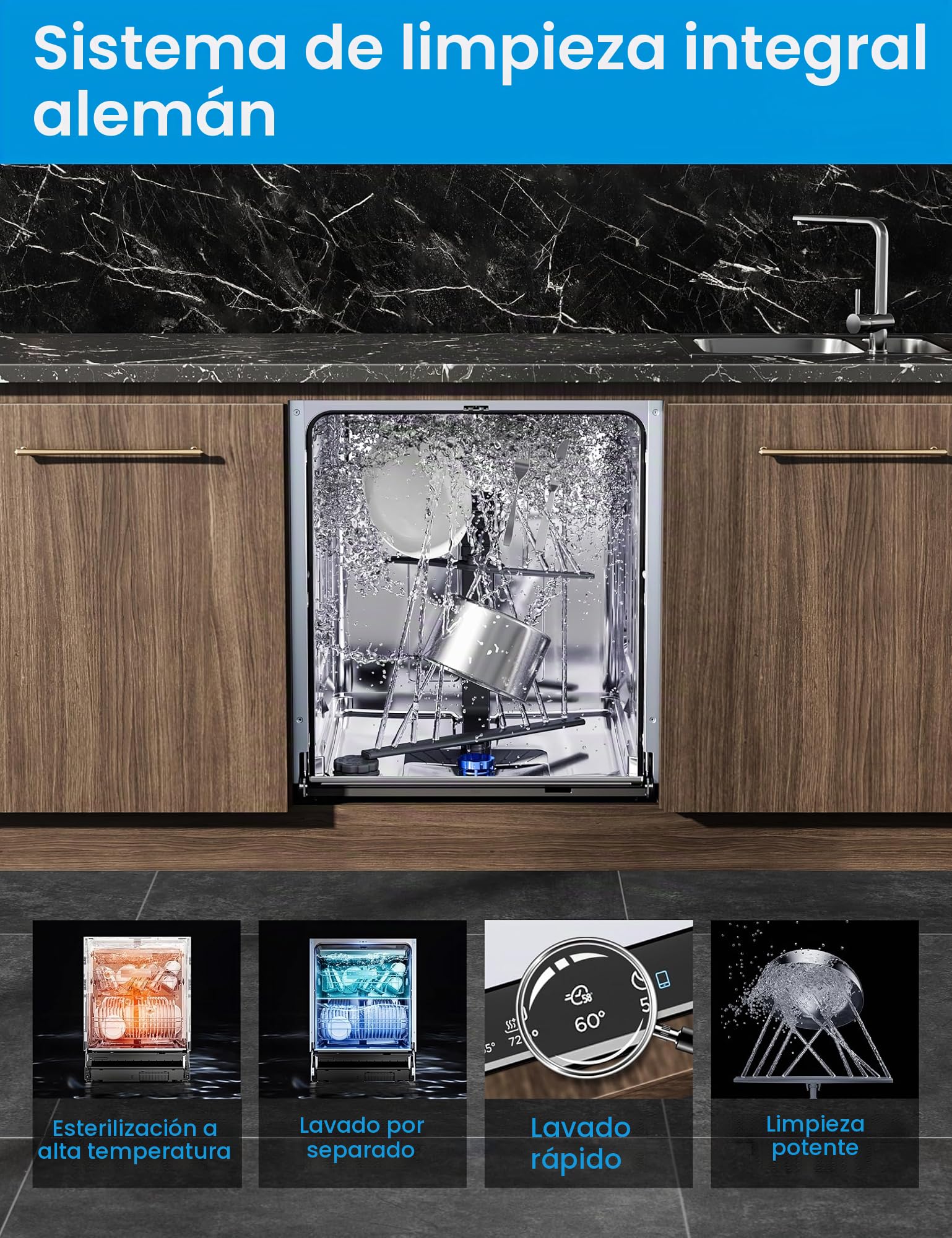 Midea SV 7.03M14B Lavavajillas Integrado 60 cm, 14 MGD, Cajón para cubiertos, Hygiene Care+, Lavavajillas integrado con WiFi, 7 Programas, 42 dB, Protección total contra el agua