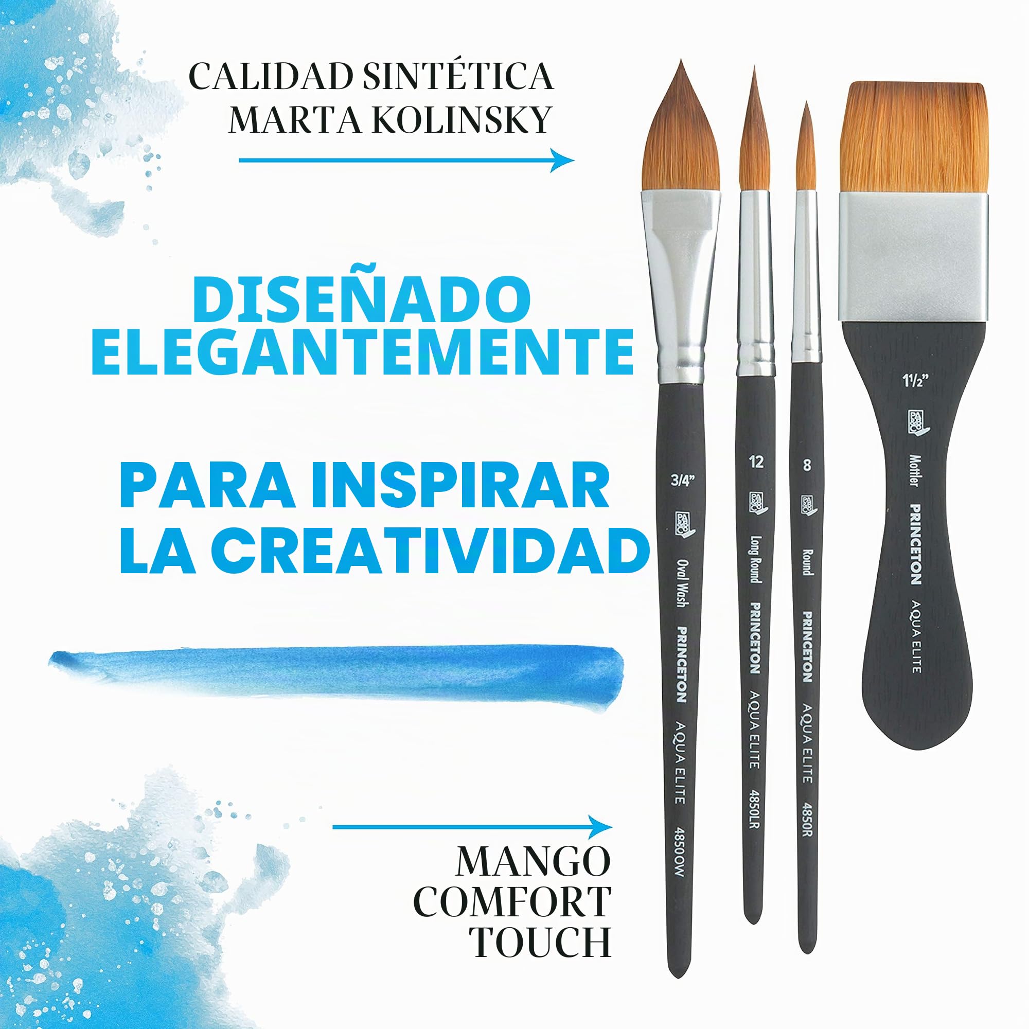 PRINCETON Aqua Elite, Pinceles para acuarela de bellas artes, Sintético Kolinsky Sable, Set de 4 pinceles, mango corto, Caja de plástico