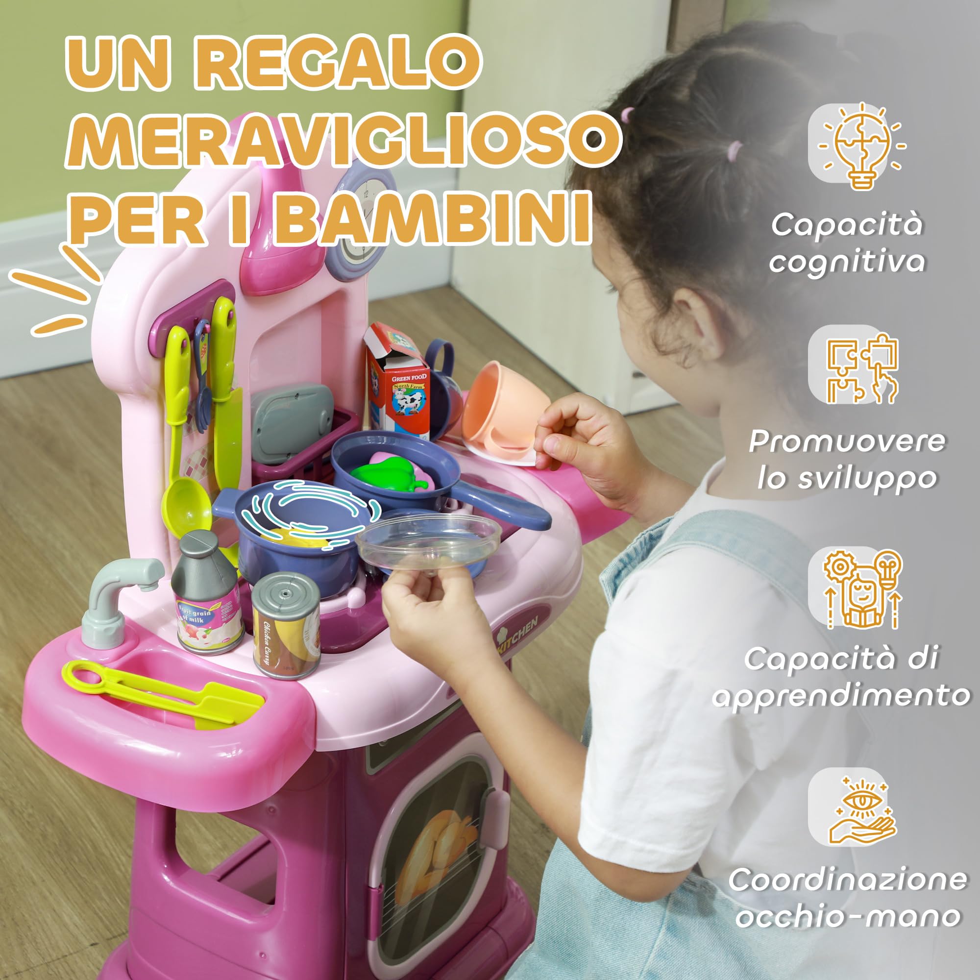 AIYAPLAY Cucina Giocattolo per Bambini 3-6 Anni con 38 Accessori, Suoni Realistici e Luce del Fornello, Gioco per Bambini in PP e ABS, 51x21x60 cm, Rosa