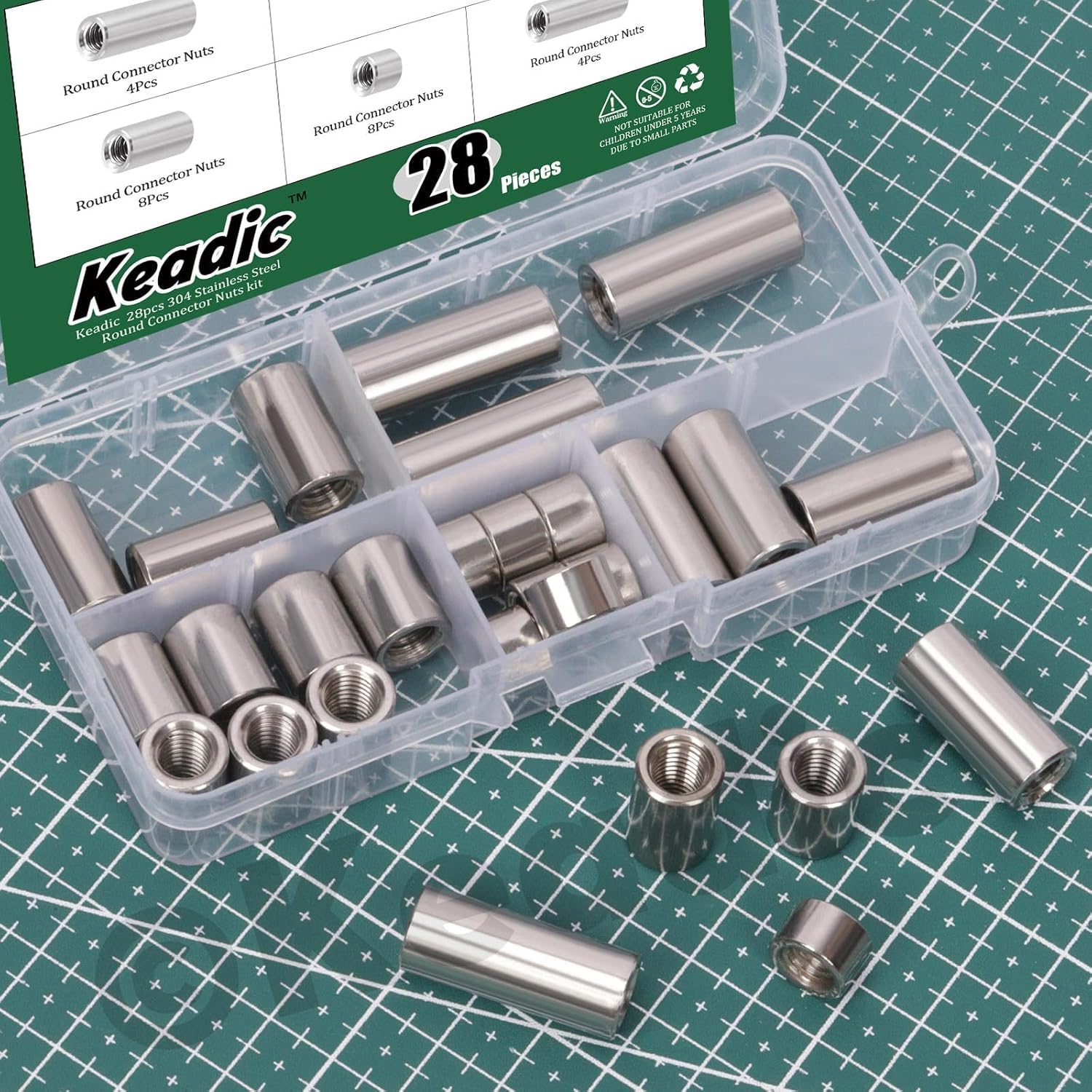 Keadic 28Pcs 304 Stainless Steel Hex Connector Nut Assortment Set, Metric Hex Coupling Nuts for Counter Sofa Furniture Repair (M8)