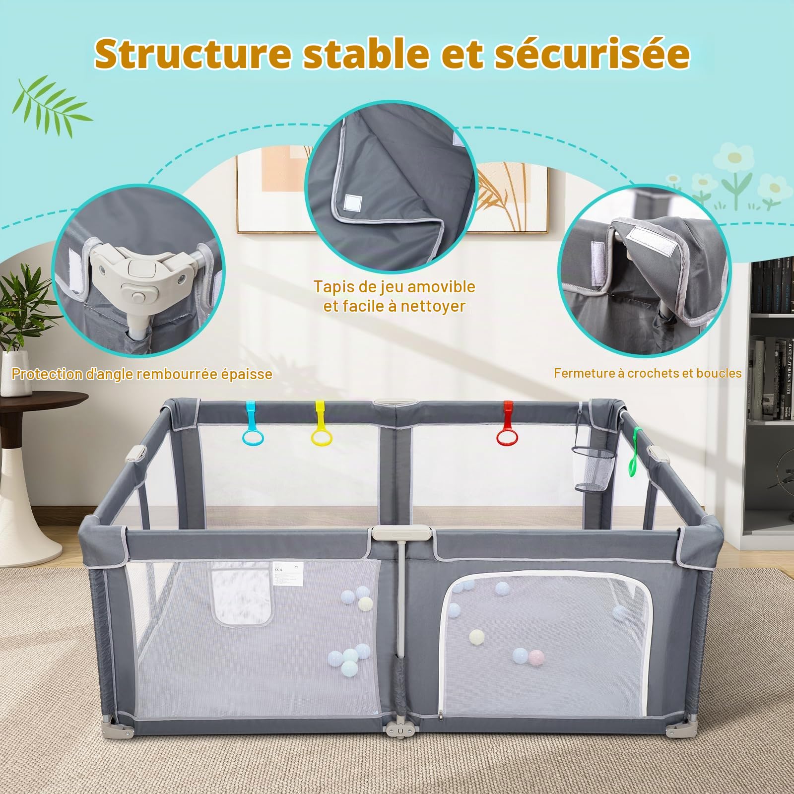 CHOLY Parc pliable pour bébé 180 x 150 cm avec tapis, parc pour bébés et tout-petits, aire de jeux portable avec balles océaniques et 4 poignées, clôture pour enfants à montage rapide avec sac de