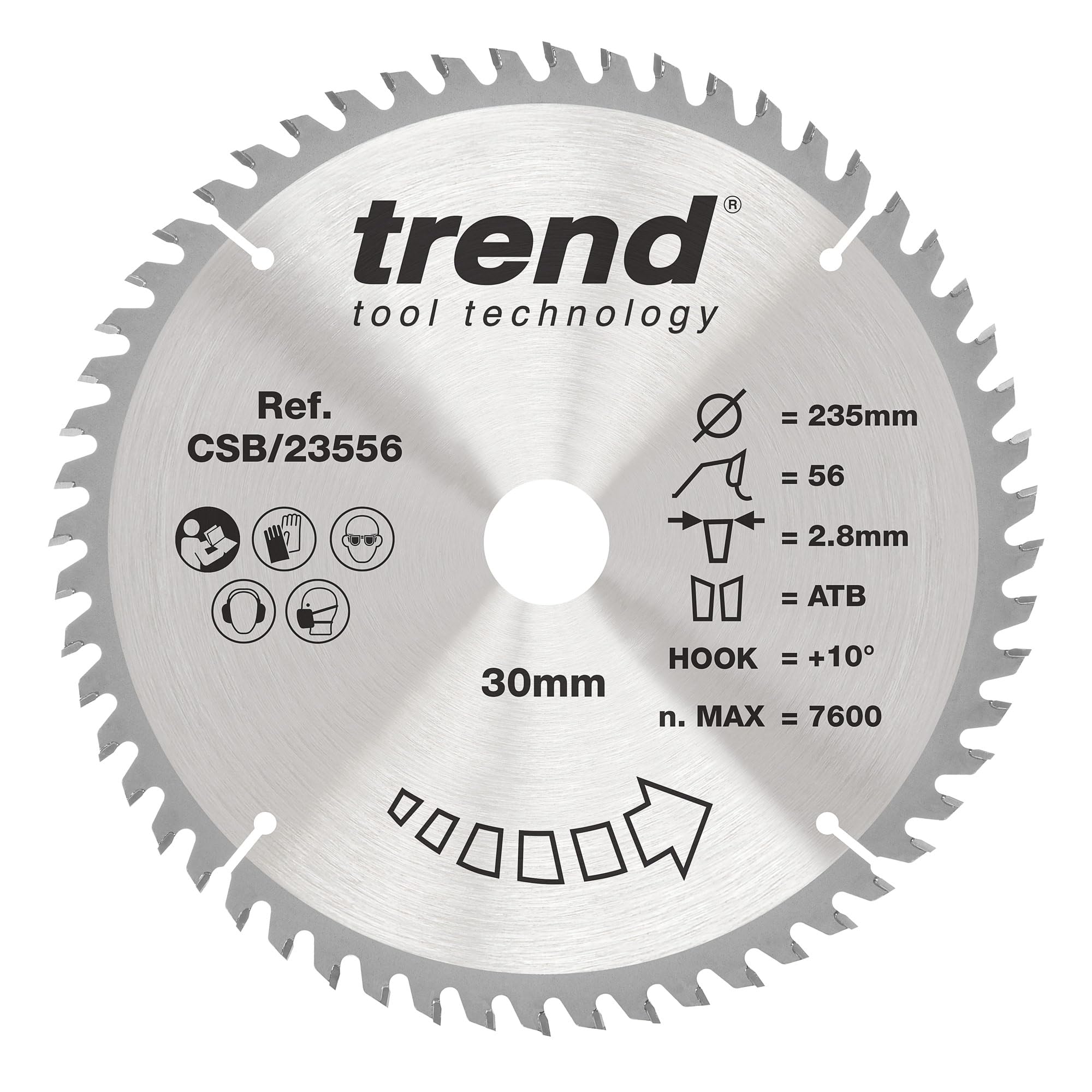 Trend Wood Circular Saw Blade, 235mm Diameter, 30mm Bore, 56 Teeth, 2.8mm Kerf, +10° Hook, TCT, Extra-Fine Finish, CSB/23556