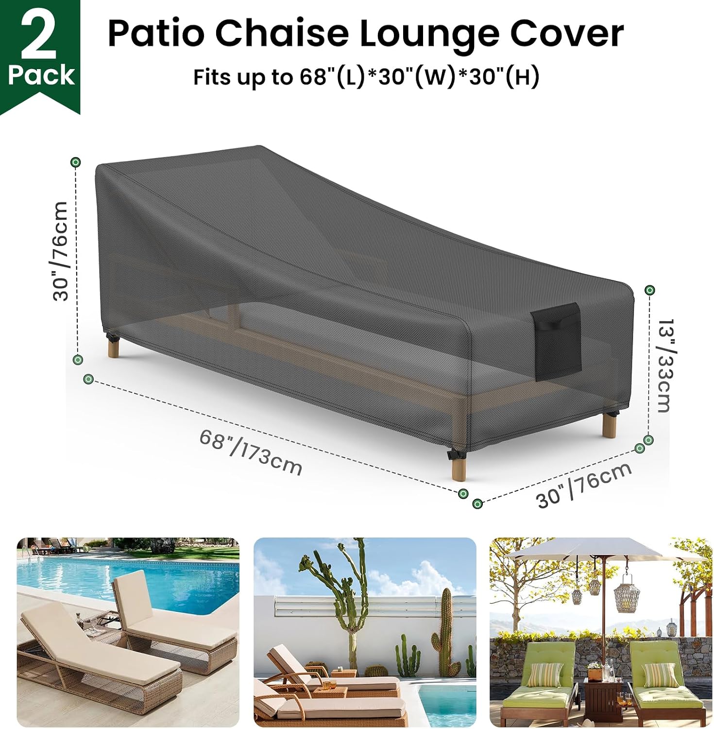 Mrrihand Patio Chaise Lounge Chair Covers Waterproof 68"Lx30"Wx30"H, 2 Pack image 2