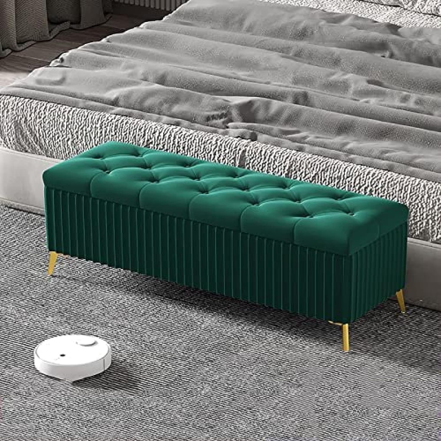 Repose-Pieds et Pouf de Rangement en Velours Vert Foncé 80x40x45cm