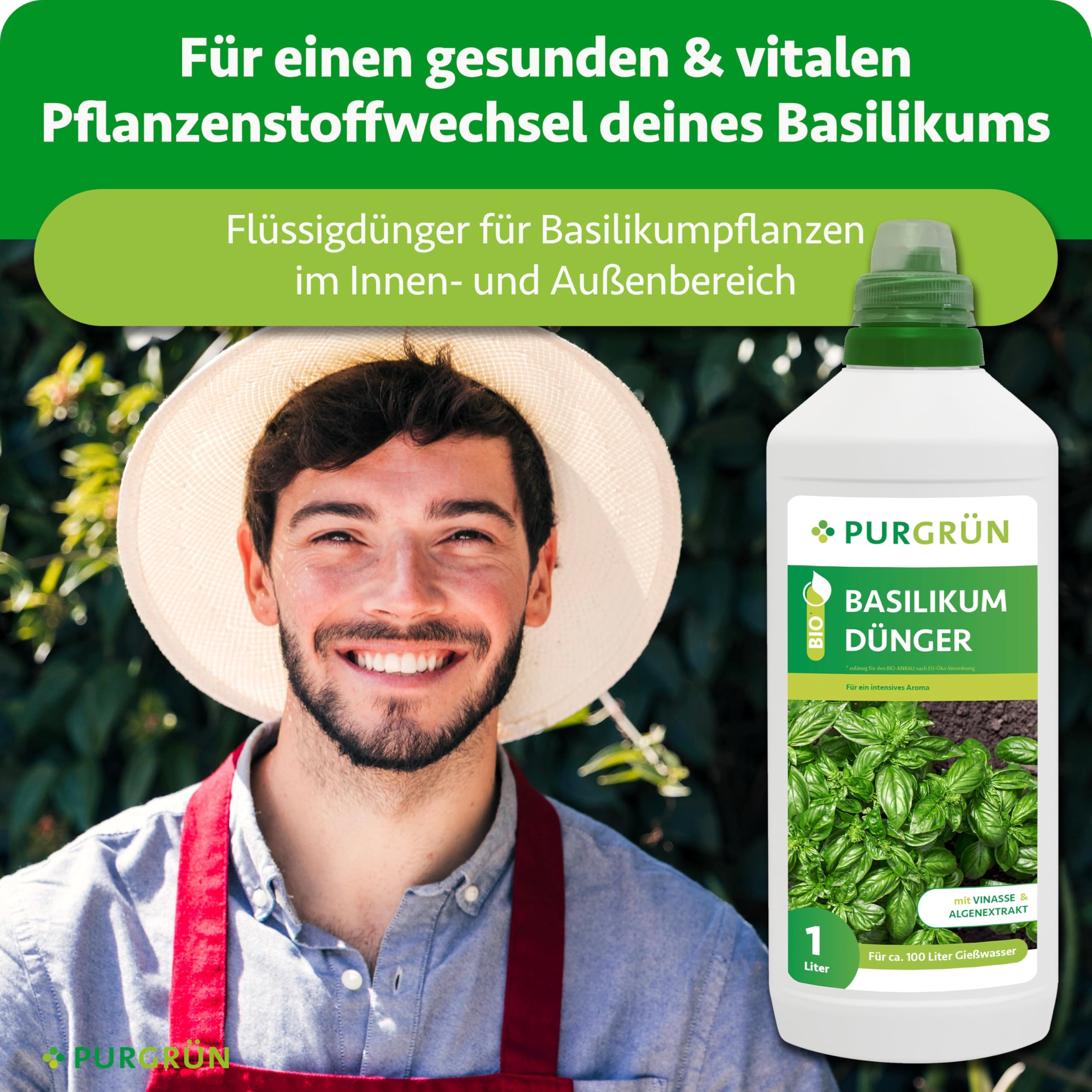 Bio-Basilikum-Dünger 1 Liter – Organische Rezeptur – Premium-Flüssigdünger – NPK 4+1+7 – Mit Algenextrakt & Vinasse – Extra Kalium für buschiges Wachstum – Ohne tierische Inhaltsstoffe