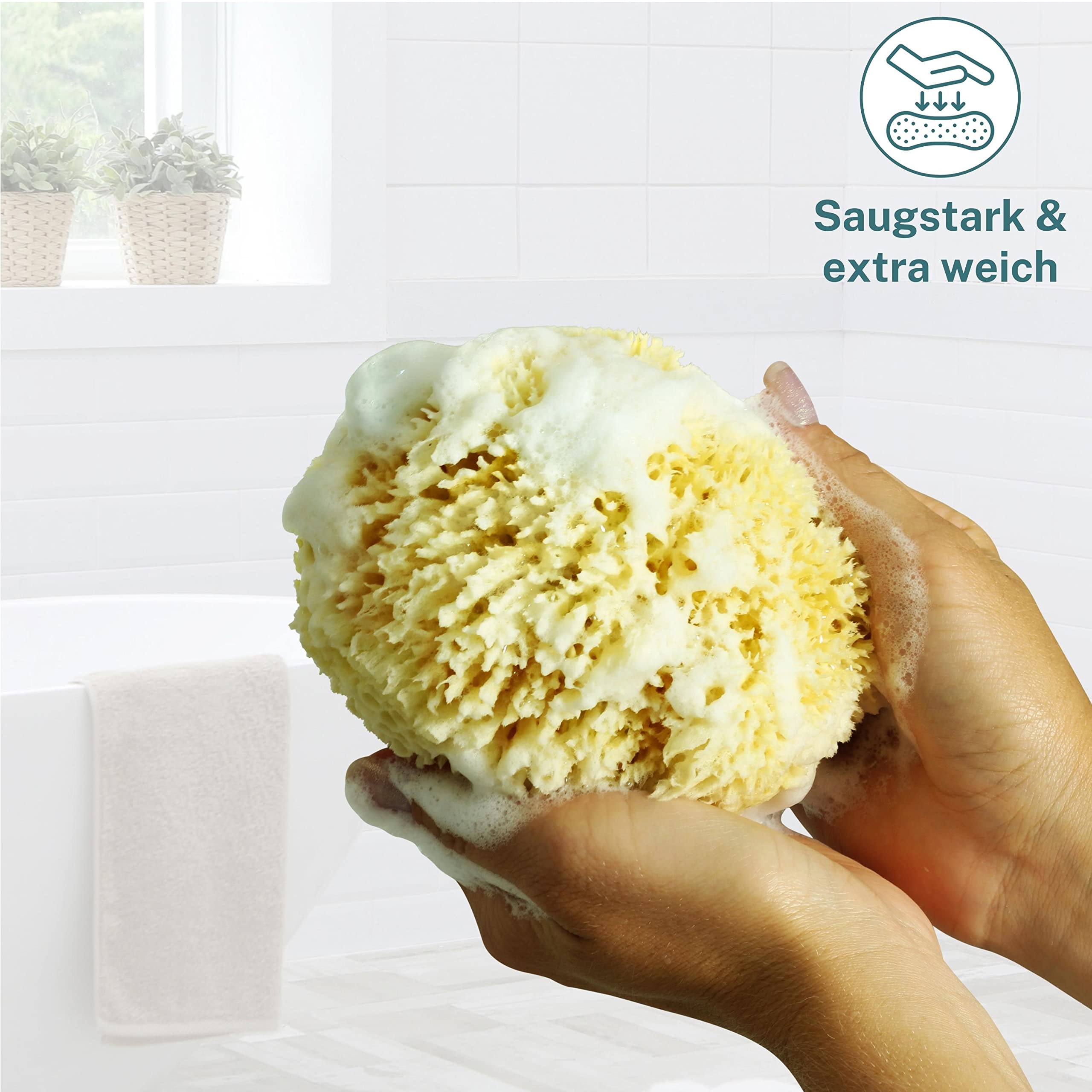 tom&pat® Naturschwamm Grass • für extra viel Schaum • Badeschwamm oder Duschschwamm • Dermatest sehr gut • für sensible Haut & Babys • Premium-Qualität Griechenland (17-18 cm)