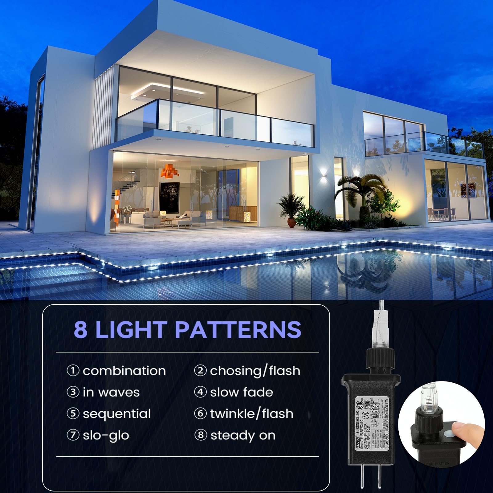 Guirlande lumineuse d'extérieur à 1 000 DEL de 50 m – Étanche – 8 modes – Tube transparent pour camping-car, piscine, terrasse, jardin, arbre de Noël, décoration de vacances (blanc froid)