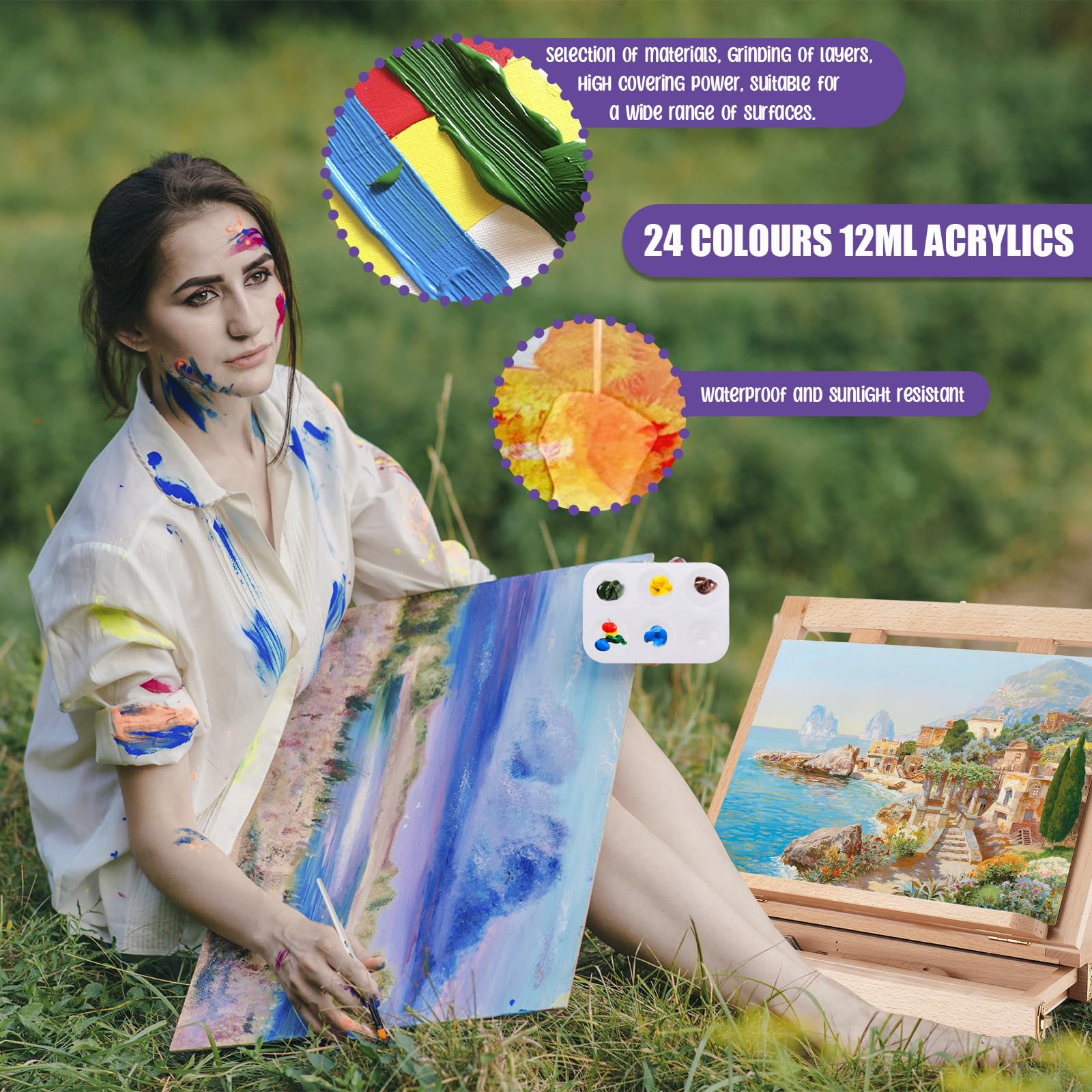 USHOP Chevalet Peinture Acrylique 24 Pièces,Fournitures Artistiques,Coffret Peinture,12 Peintures,5 Pinceaux,1 Panneaux de toile,1 Tablier,2 Spatul,Kit de Peintures pour Artistes,Débutants