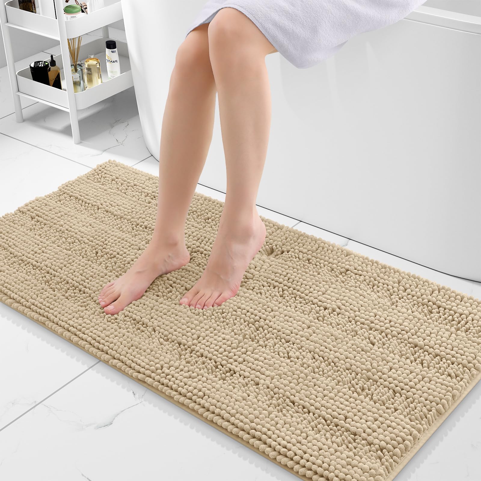 Grandaily Chenille Bathroom Rugs 47x20, Soft Absorbent Bath Mats, Beige