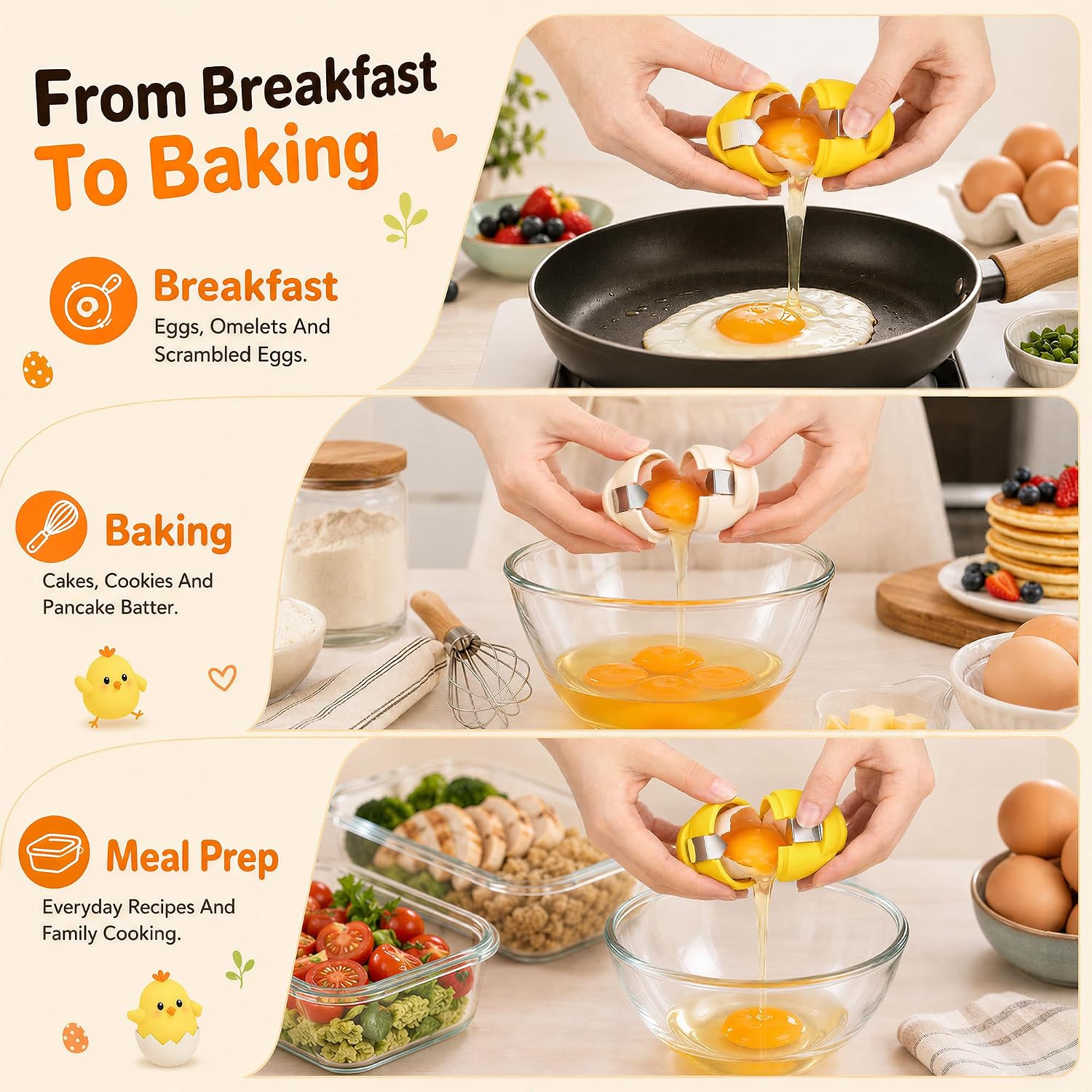 2 Pack Egg Cracker, Cute Chicken Silicone Egg Shell Opener for Raw Eggs, Egg Cracker Tool with Stainless Steel Cracking Insert, No Mess Kitchen Gadget for Breakfast Baking Cooking - Khaki Yellow image 2