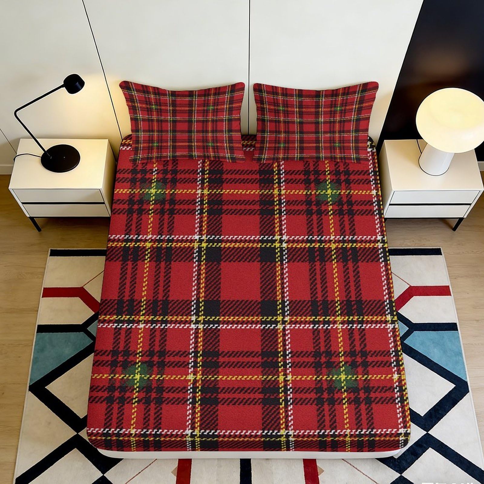 3D Printed Red Plaid Fitted Sheet Microfiber Soft Durable Tartan Bed Cover for Bedroom Dormitory Guest Room Mattress Protection Decor 120x200x25cm