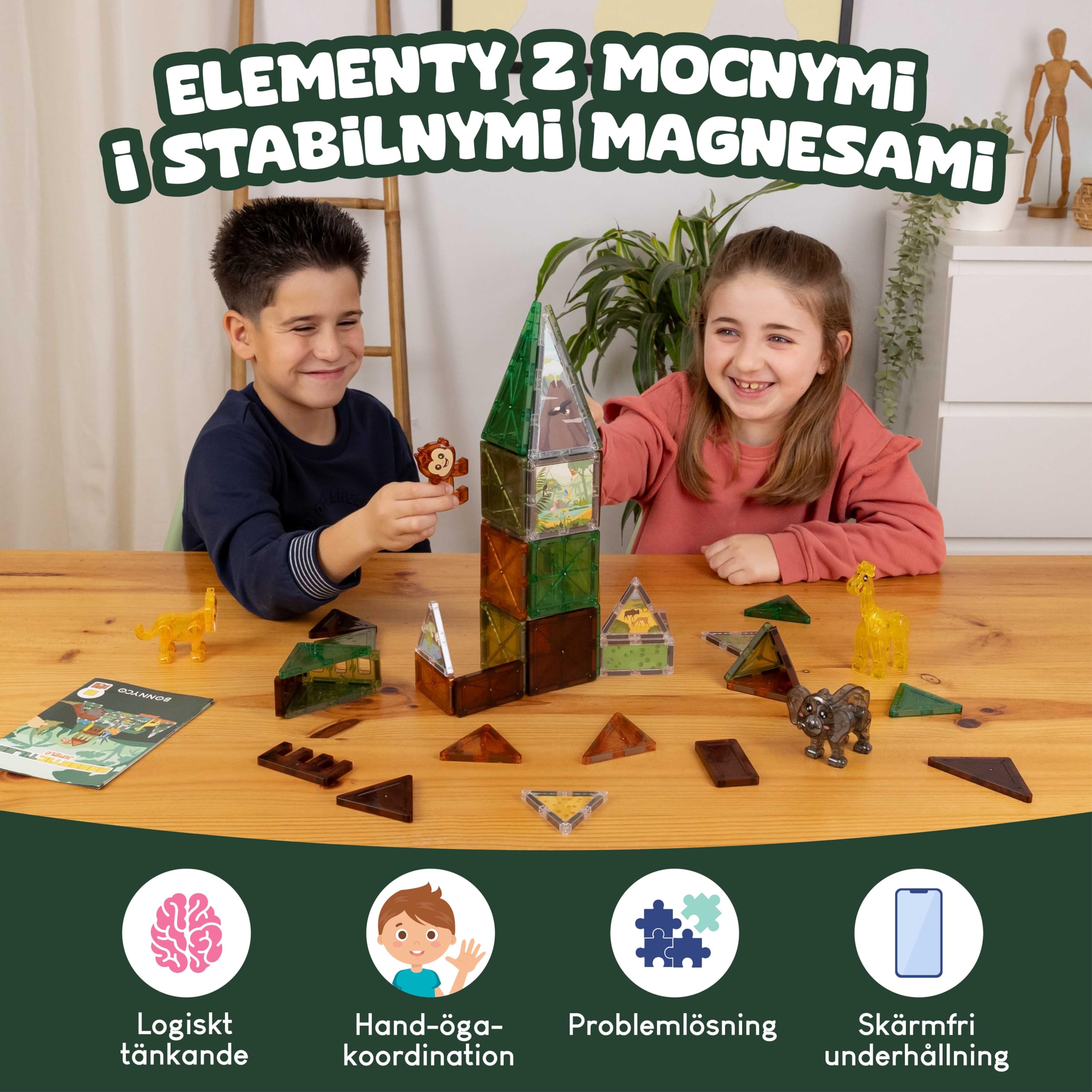 BONNYCO Magnetyczne Klocki dla Dzieci ze Zwierzętami 50 SZT. Zabawki Edukacyjne 2D 3D