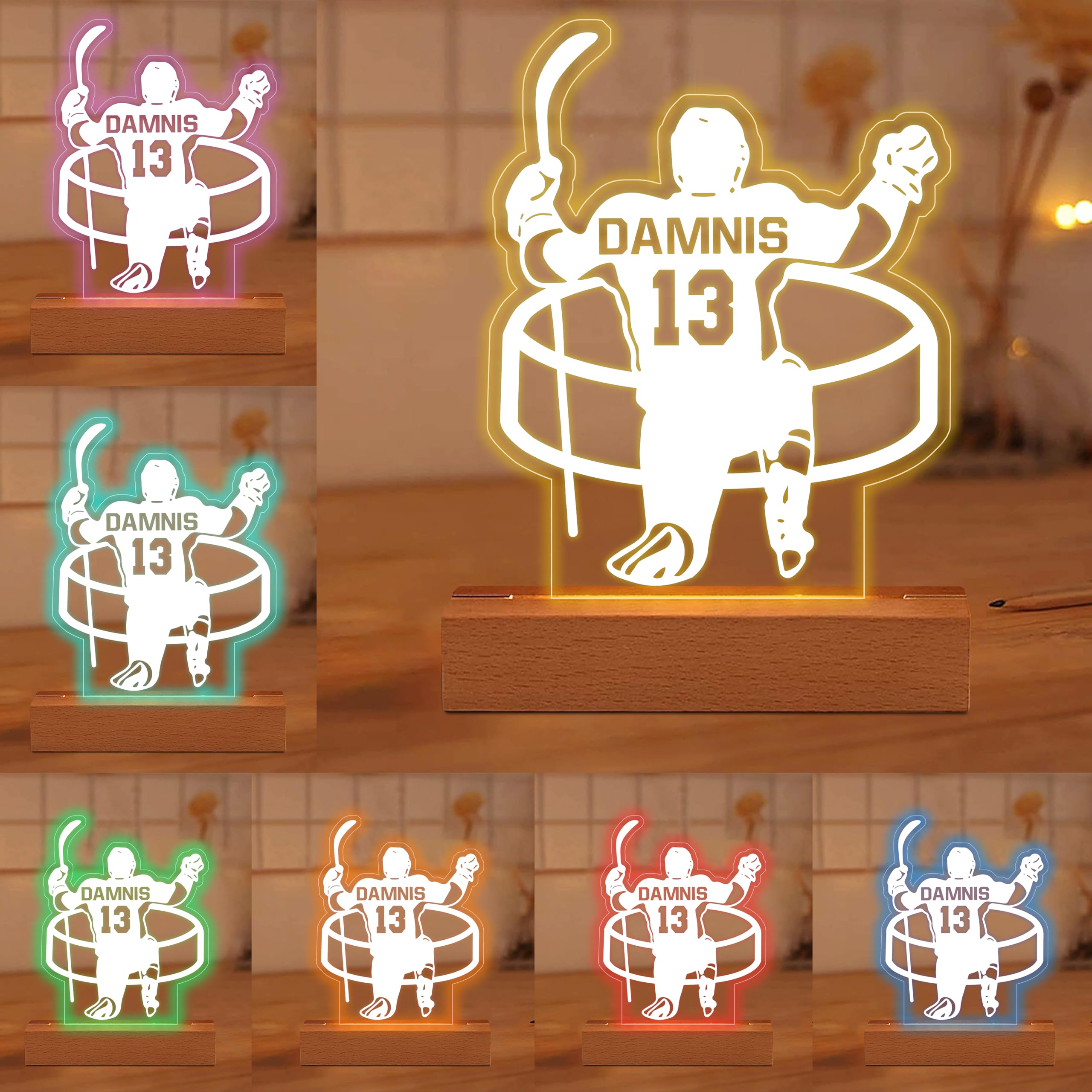 Ozinna Personalized Hockey Night Light,Custom Ice Hockey Player Name & Number LED Desk Table Lamp,Christmas Birthday Gifts for Men Teens Kids Boys Bedroom Decor