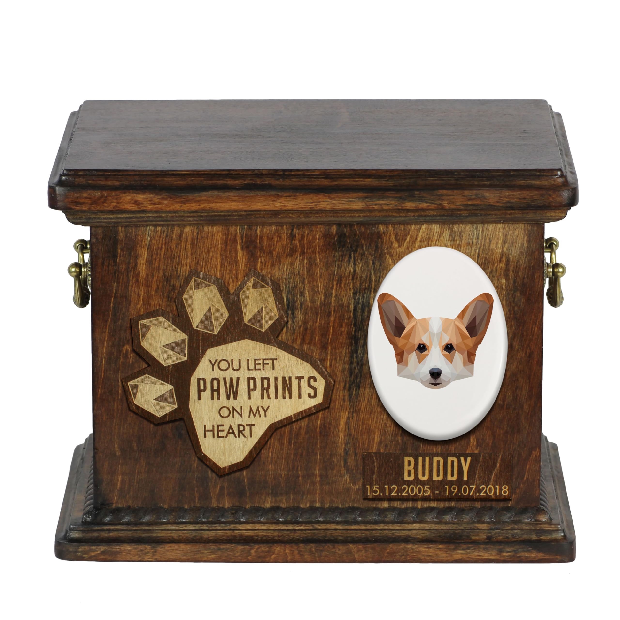 Art-Dog Custom Geometric Dog Memorial Urn - Handmade Wooden Urn – Decorative Ceramic Plate - Custom-made Dog Cremation Box for Ashes - 8,3x11,4x8,7” – Welsh Corgi — image 1
