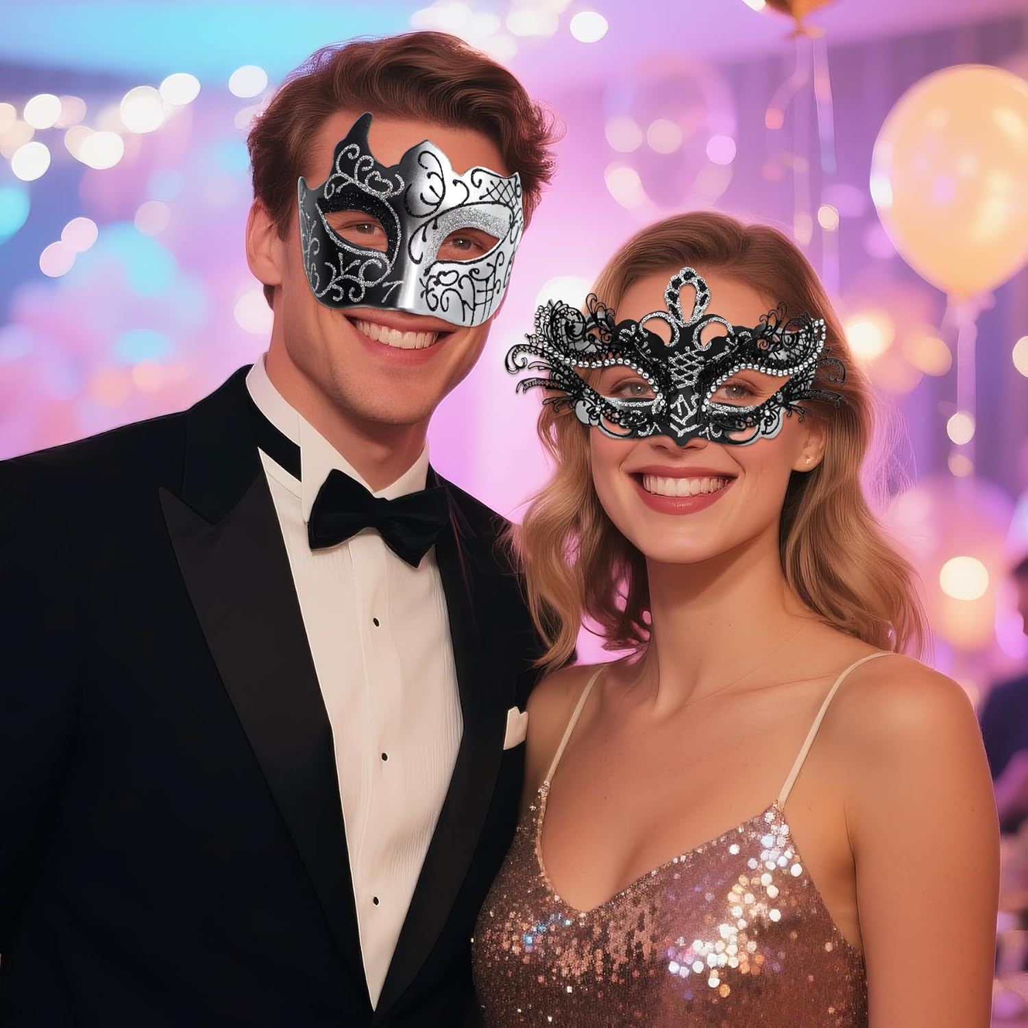 OIDEA Masquerade Mask Couples Set: Rhinestones Metal Cosplay Venetian Party Mask Halloween Costume Mardi Gras - Image 2