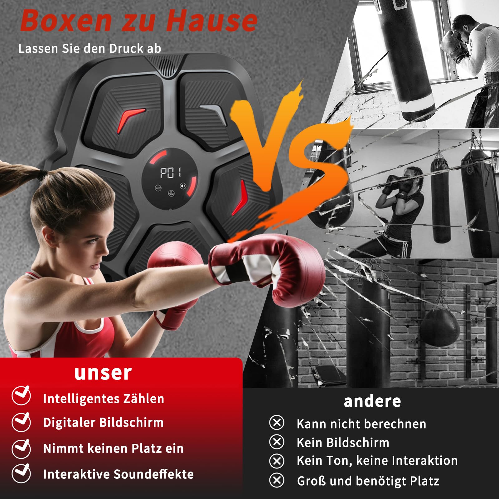 Musik Boxmaschine, intelligente Bluetooth-Boxmaschine zur Wandmontage für Heimübungen, Dekompressionsboxen mit Boxhandschuhen, Boxtrainingsgerät für Erwachsene Kinder