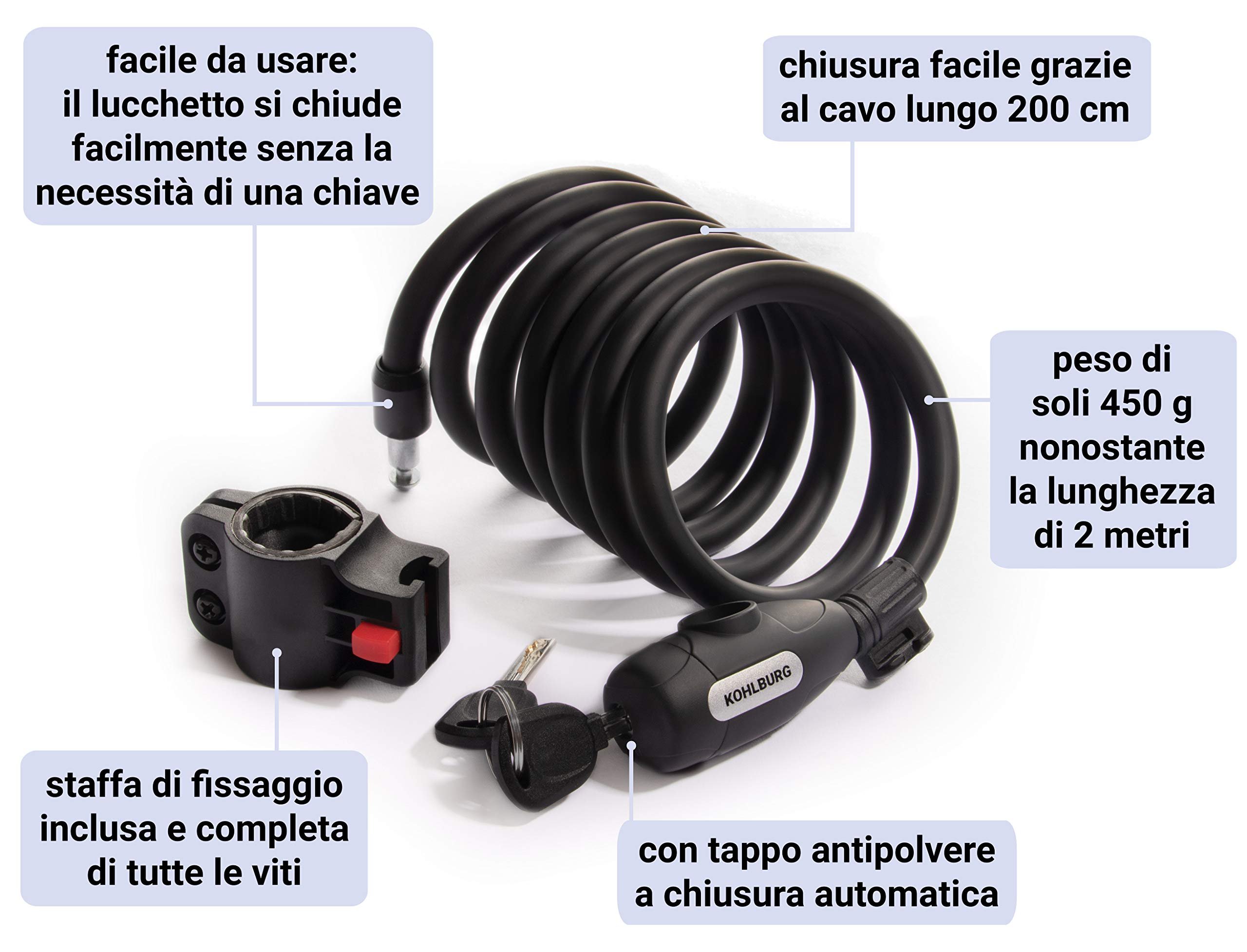 KOHLBURG dispositivo antifurto lungo 200 cm - facilmente richiudibile senza chiave - lucchetto per bicicletta con fissaggio - dispositivo antifurto a spirale per bicicletta e passeggino
