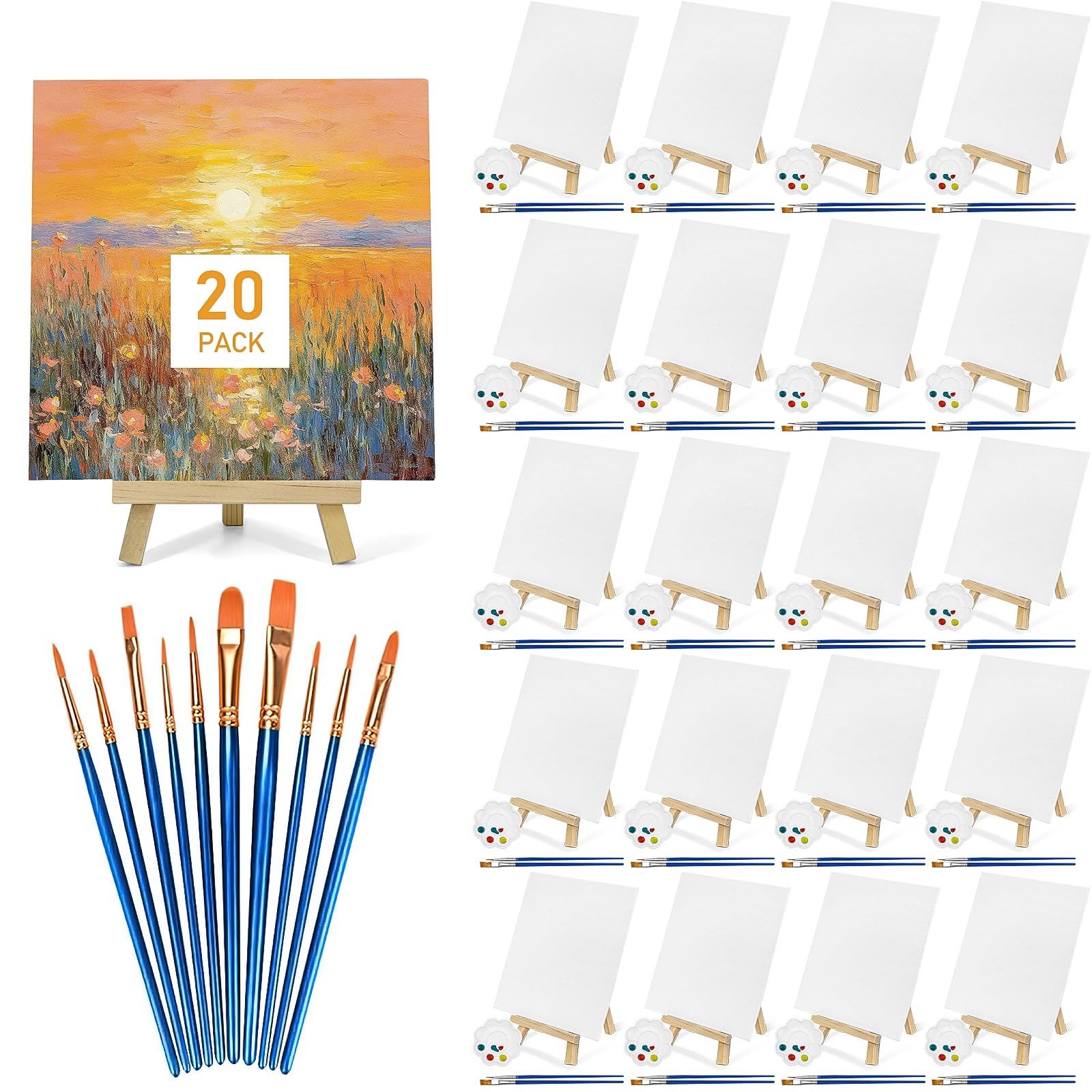 20 Pack Mini Canvas and Easel Set, Blank Canvas Painting Set, 15 x 15cm