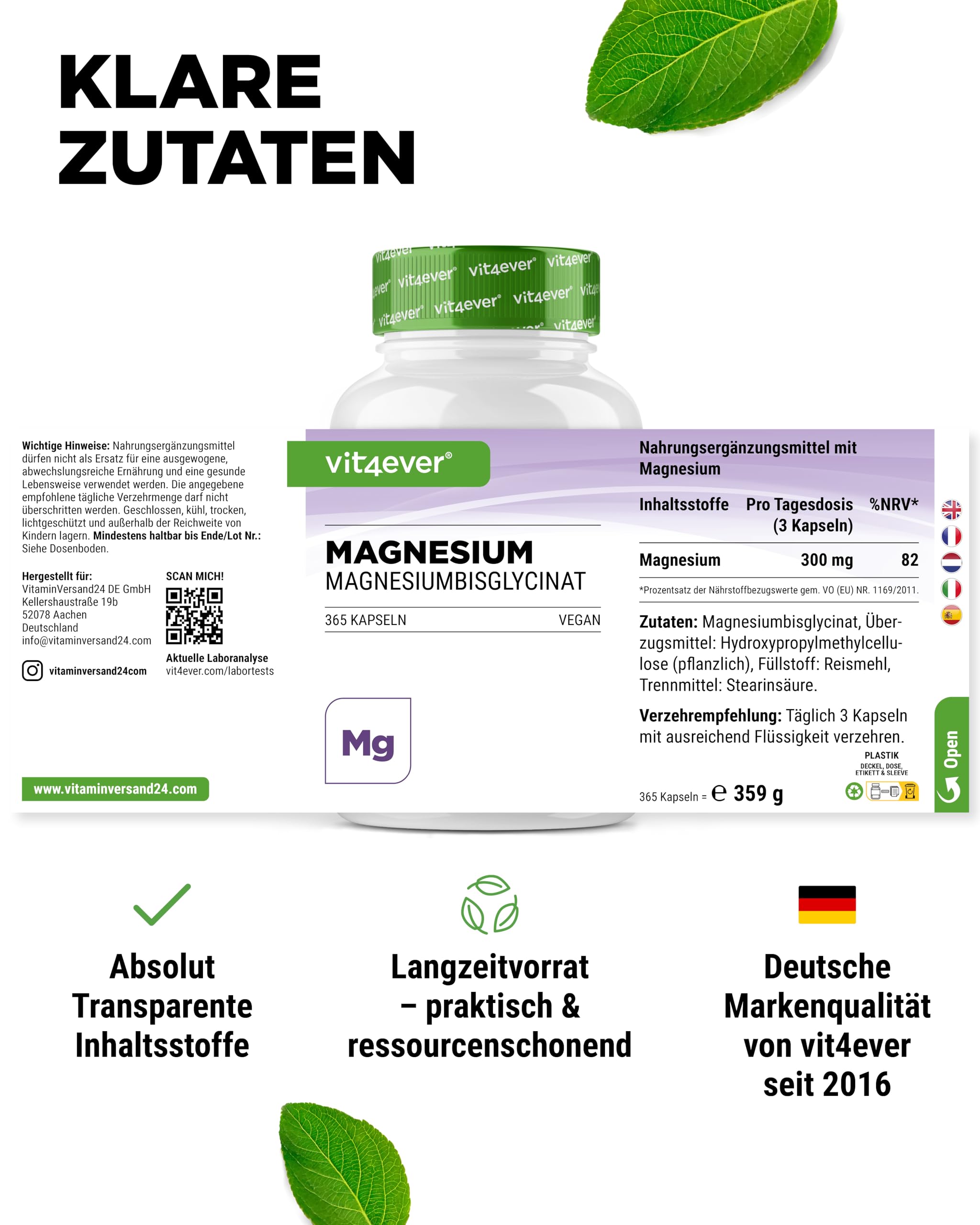 vit4ever Magnesiumbisglycinat - 365 Kapseln - 300 mg elementares Magnesium pro Tagesdosis - Premium: Chelatiertes Magnesium - Laborgeprüft, vegan, hochdosiert | 300 mg elementares Magnesium pro Tagesdosis, Premium chelatiertes Magnesium, vegan