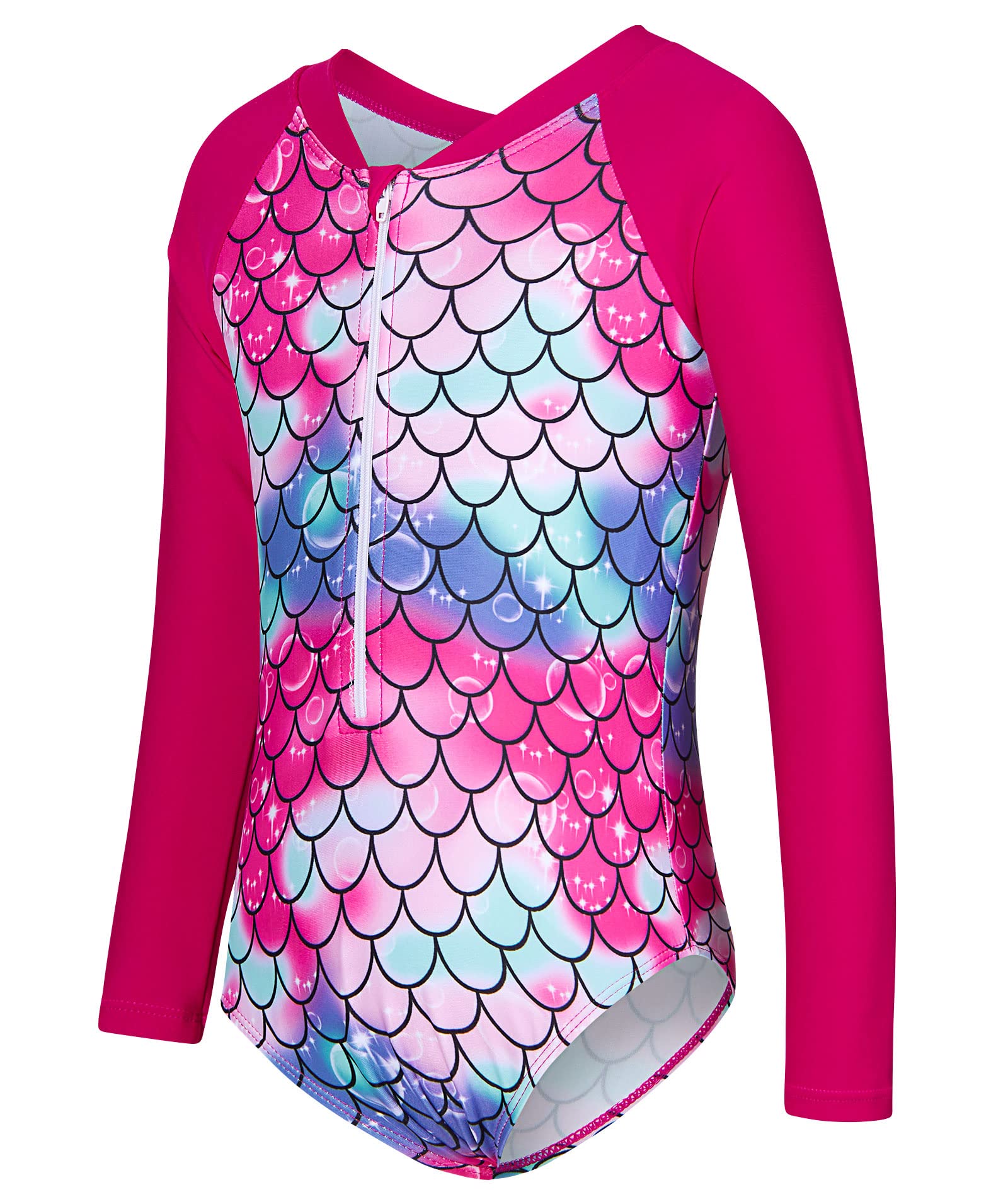 uideazone 2-9 Years Girls Long Sleeve Swimsuit One Piece Bathing Suit Zipper UPF 50+ Rashguard Swimwear