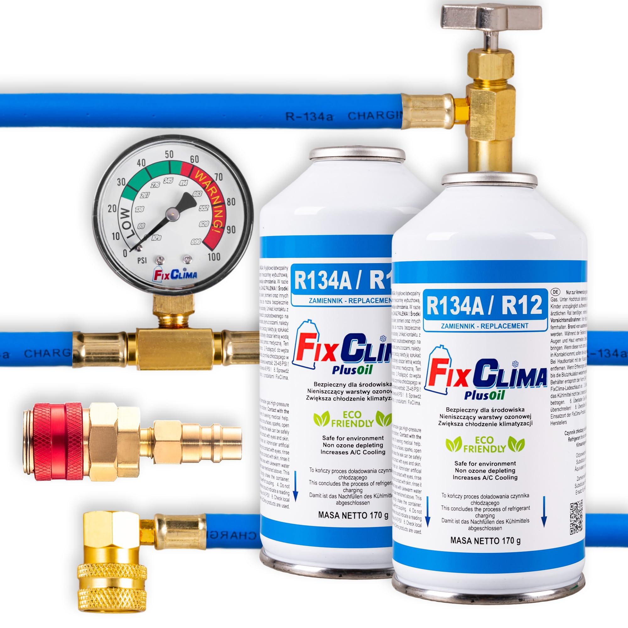 Set di ricarica per aria condizionata R134A + adattatore adatto per condizionatore d'aria per auto - Set di riempimento refrigerante ecologico per veicoli 1994-2016, set completo
