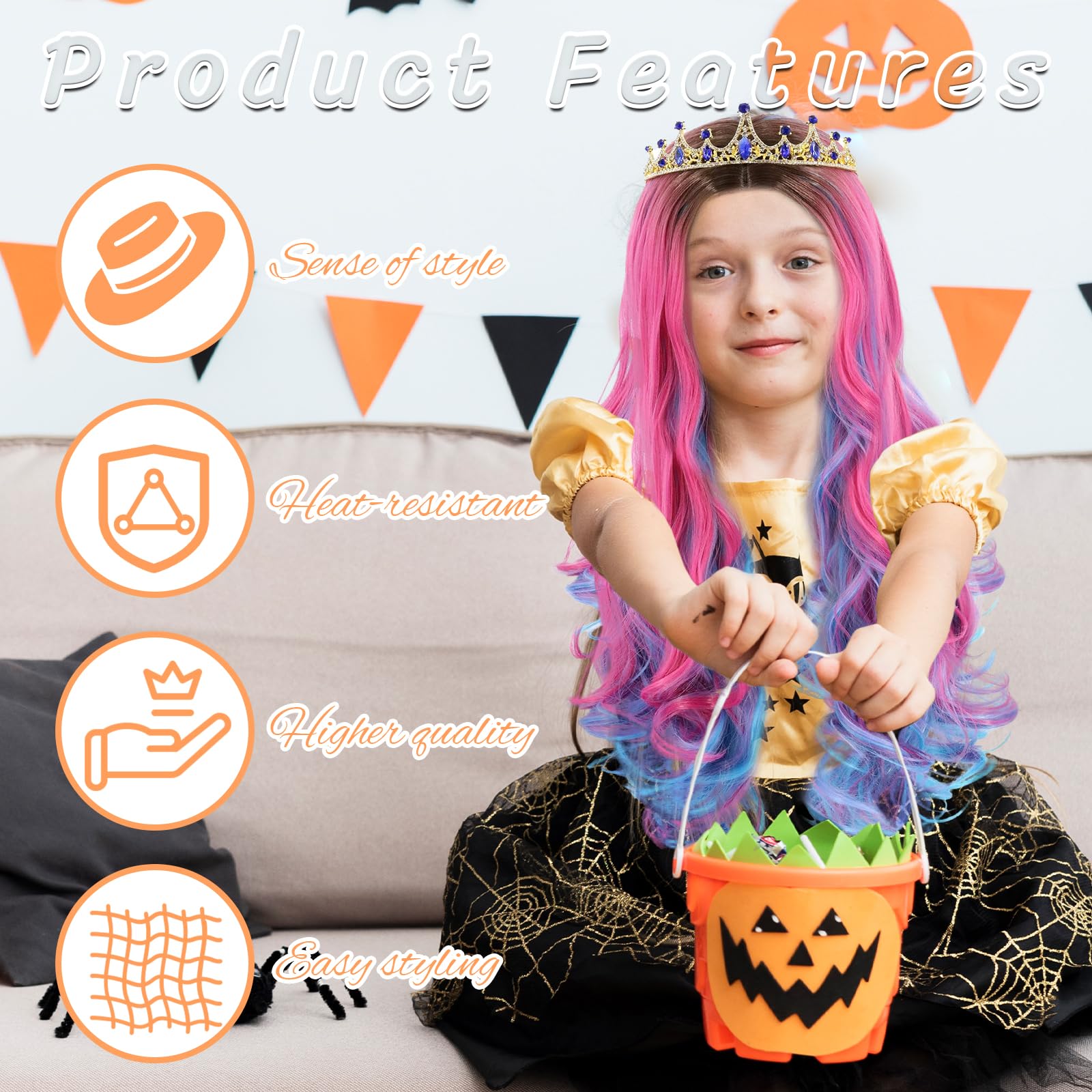 Lila Ombre Rosa Perücke 70cm für Kinder und Frauen - Lang Gewellt Gelockt mit Mittelscheitel für Cosplay Anime Kostüm Karneval Maskerade