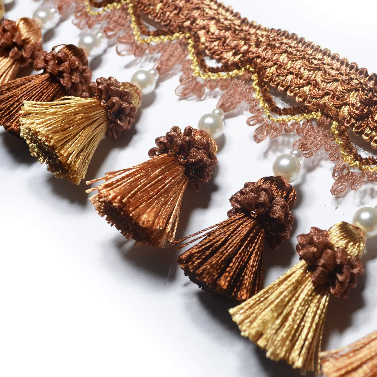 BEL AVENIR Tassel Fringe Trim 6.5 Yard x 3.15 Inches Luxury Beaded Tassel Fringing Trimmings - Brown