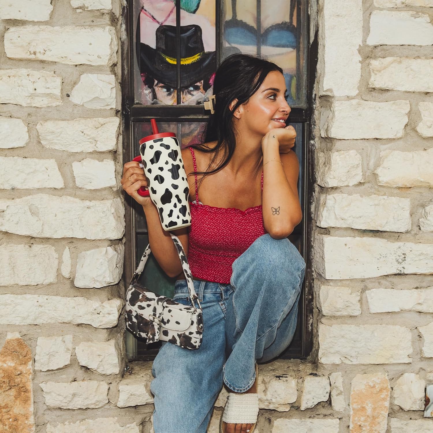 BOTTLE BOTTLE 30 oz Tumbler with Lid and Straw, Stainless Steel Travel Mug, Tumbler with handle, Water Bottle with straw for College Office, Gifts for Women Him Her (Cow) - Image 2