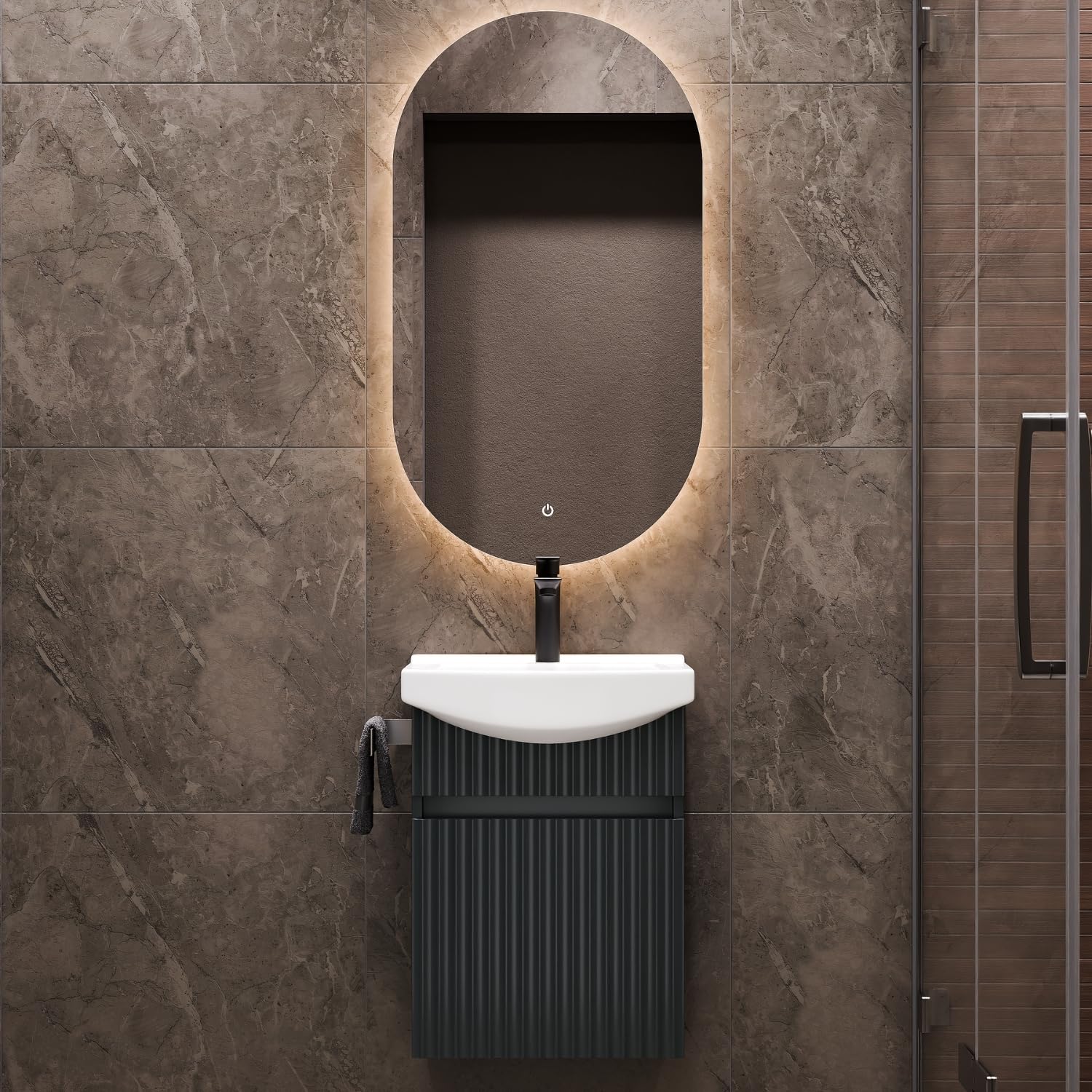 Planetmöbel Umywalka z szafką 45 cm wraz z ceramiczną umywalką i owalnym lustrem łazienkowym z oświetleniem, zestaw mebli łazienkowych do toalety dla gości, antracyt matowy