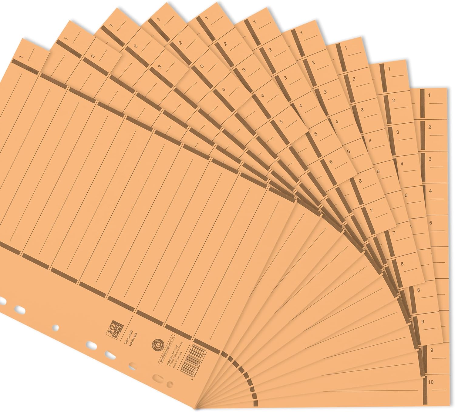 Oxford 400004666 Trennblätter aus Recycling-Kraftkarton für DIN A4 100er Pack mit Perforation numeriert 1-10 mit Linienaufdruck gelb Trennlaschen Trennblätter Ordner Register Kalender Blauer Engel