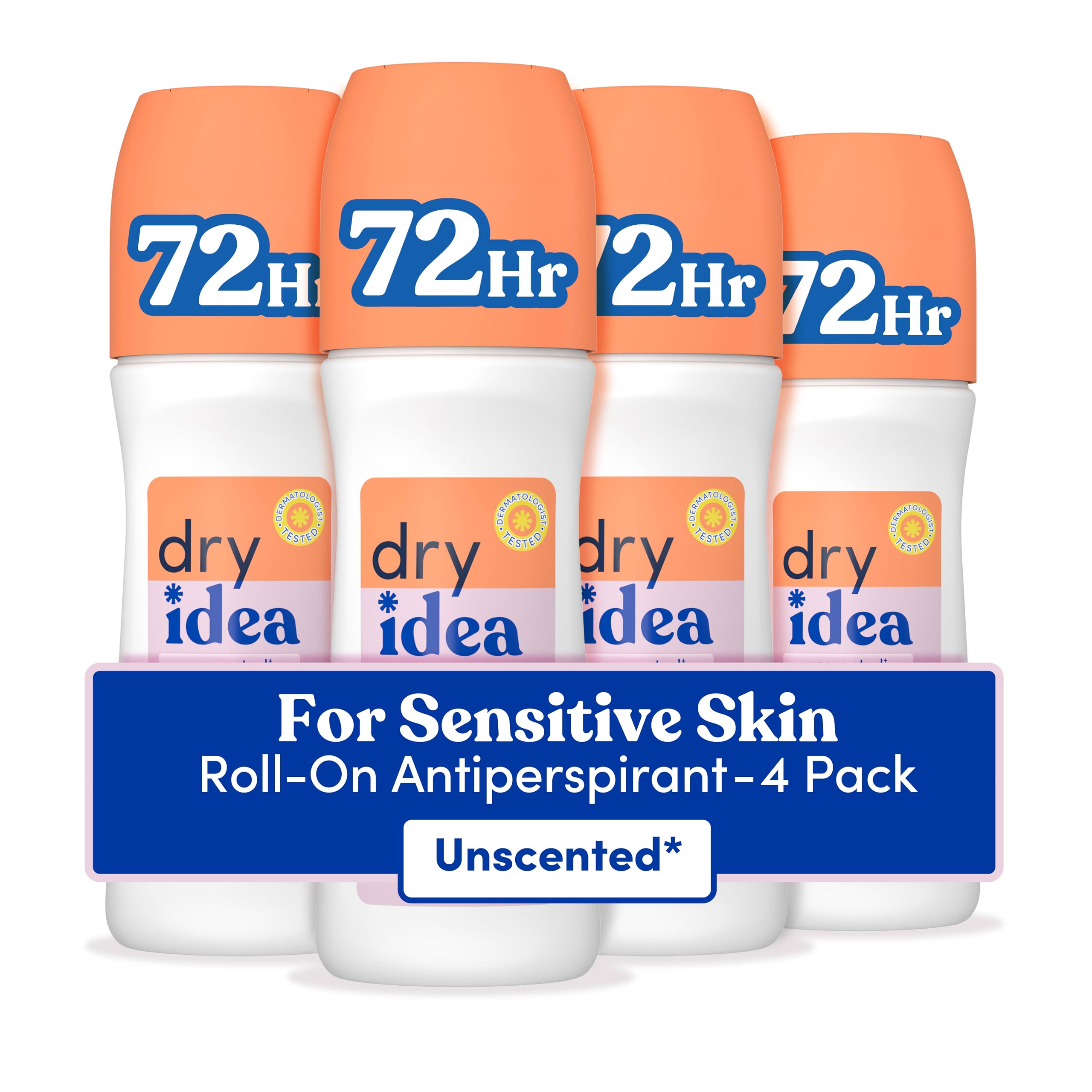 Dry Idea Desodorante y antitranspirante roll-on para mujer, sin perfume, hipoalergénico para pieles sensibles, dos veces mayor protección contra el sudor. 72H Protección contra el sudor y el mal