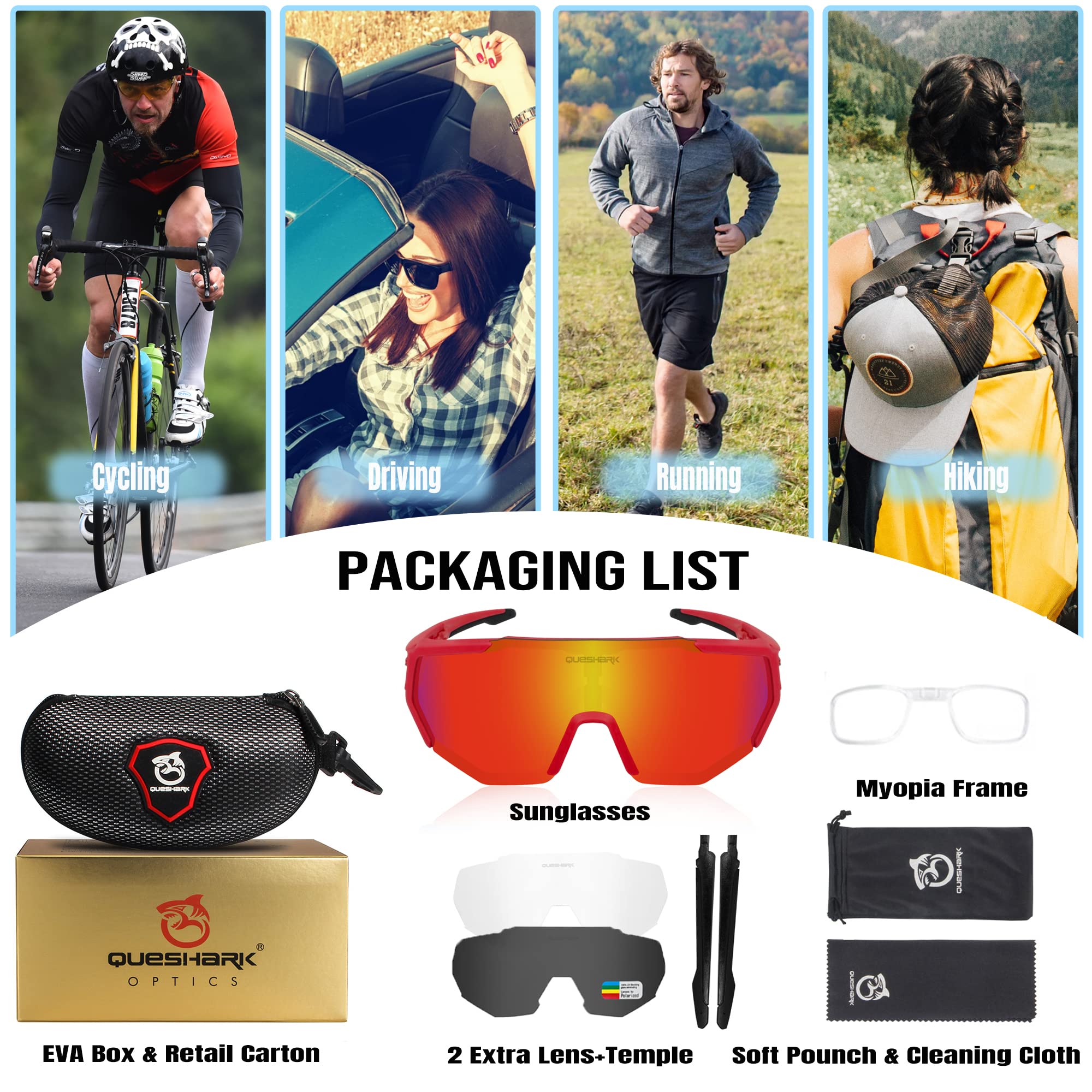 Queshark Polarizzati Anti-UV con 3 o 5 Lenti Occhiali da Ciclismo Bici MTB Intercambiabili per Sport Uomo Donna Guida Pesca Golf Baseball Corsa
