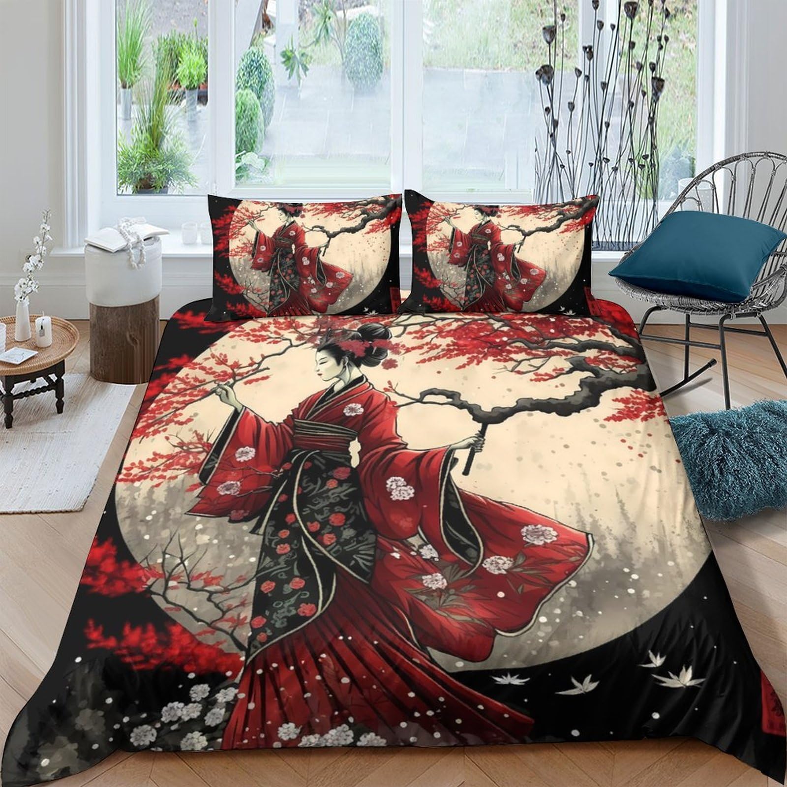 Ctjqhvkz Style-6 3D Printed Japanese Geisha Fitted Sheet Microfiber Red Moon Art Bed Cover For Bedroom Dorm Mattress Protection Decor Single（135X200cm）