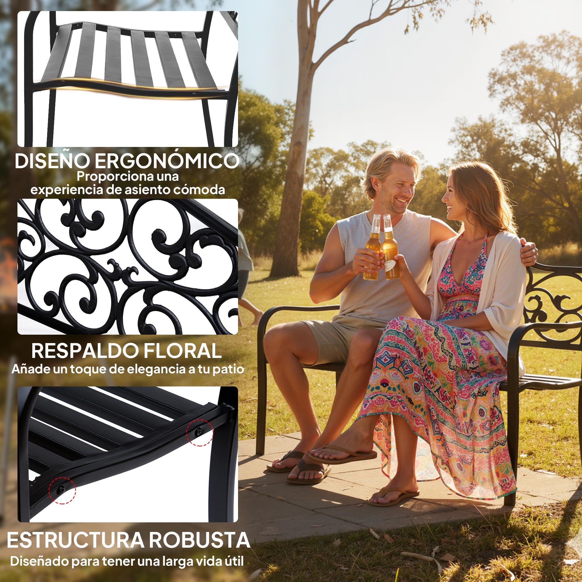 Outsunny Banco de Jardín de Acero Banco Exterior con Respaldo y Reposabrazos Carga 240 kg para Patio Terraza Balcón 127x60x89 cm Negro