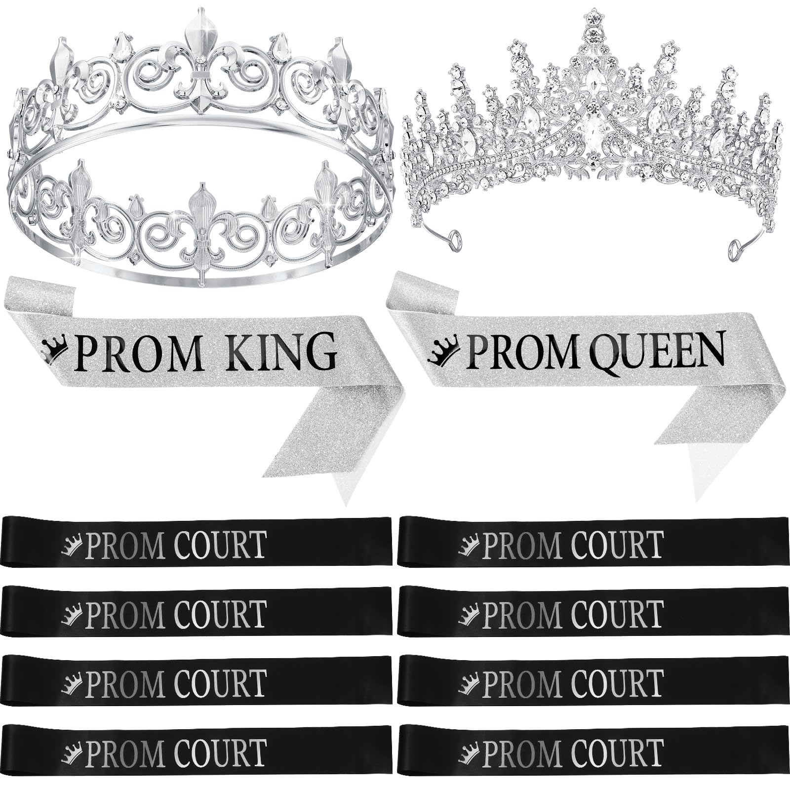 12 Pcs Prom Crown and Sash Set, Prom King and Prom Queen Tiara Rhinestone Crown Glitter Sash Prom Court Royal Satin Sash for Graduation Prom Night Party Birthday Accessory (Silver,Classic)