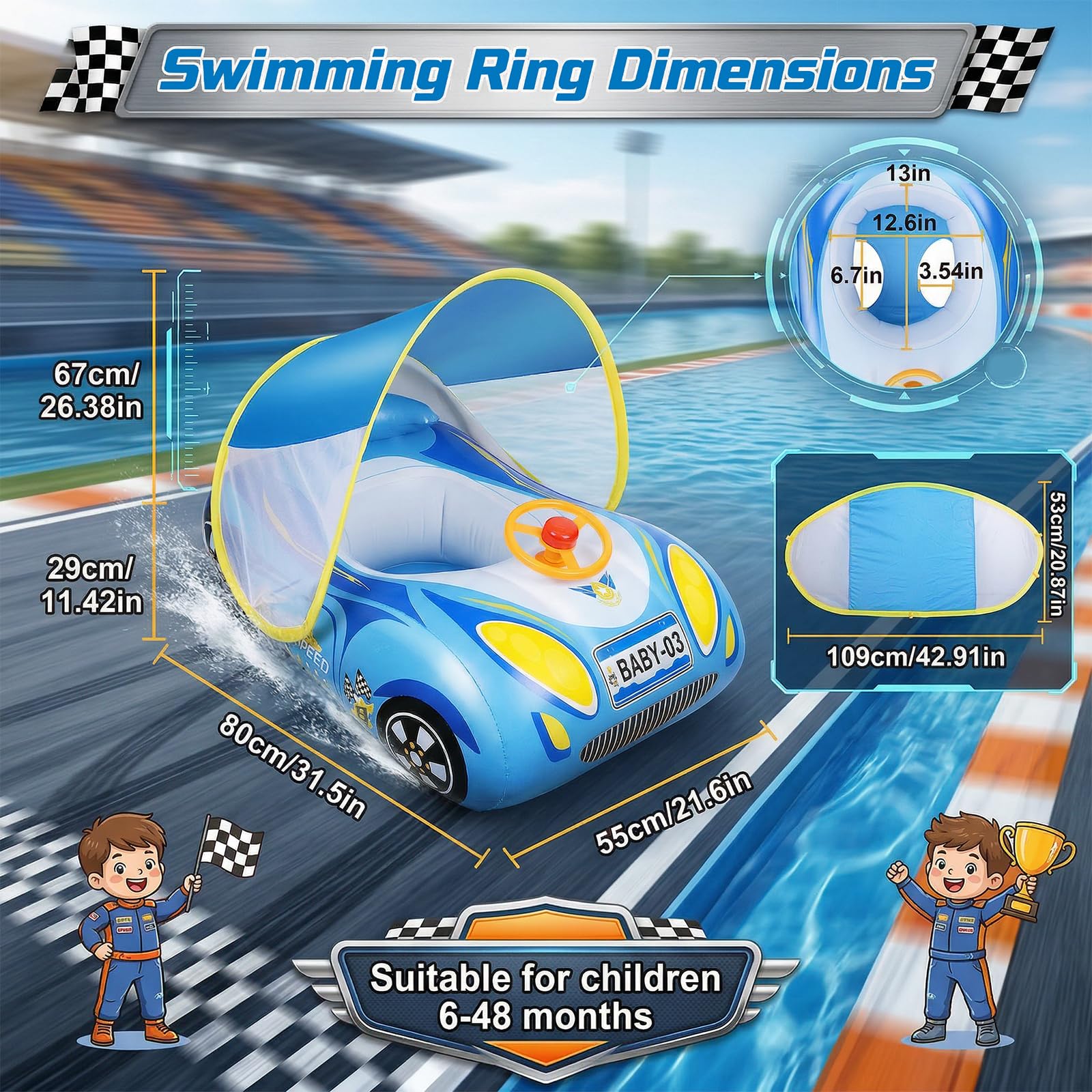 Baby Schwimmring mit Sonnendach UPF50+ & Spielzeug Spielen Lenkrad Kinderboot Babyschwimmreifen mit Patch-Kit Schwimmring Baby für Kinder von 1–4 Jahren