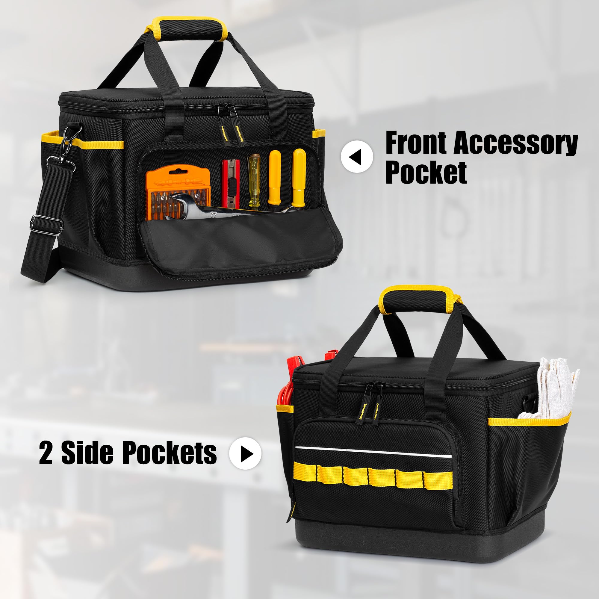 Rexmica 32cm Sac à Outils pour Hommes, avec Base Rigide en EVA/Bandoulière | Organiseur d'Outils Multifonction pour Électriciens, Plombiers, Mécaniciens et Usage Automobile, Noir/Jaune