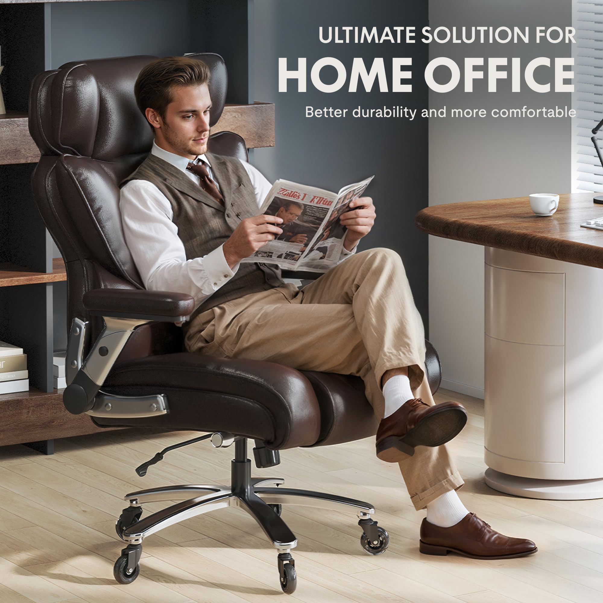 FLEXISPOT 600lbs Big and Tall Office Chair for Heavy People, Heavy Duty Computer Desk Chair with Dynamic Lumbar Support 2D Armrest Blade Wheels, Chairs for Home Office Gaming Working, Leather, Brown