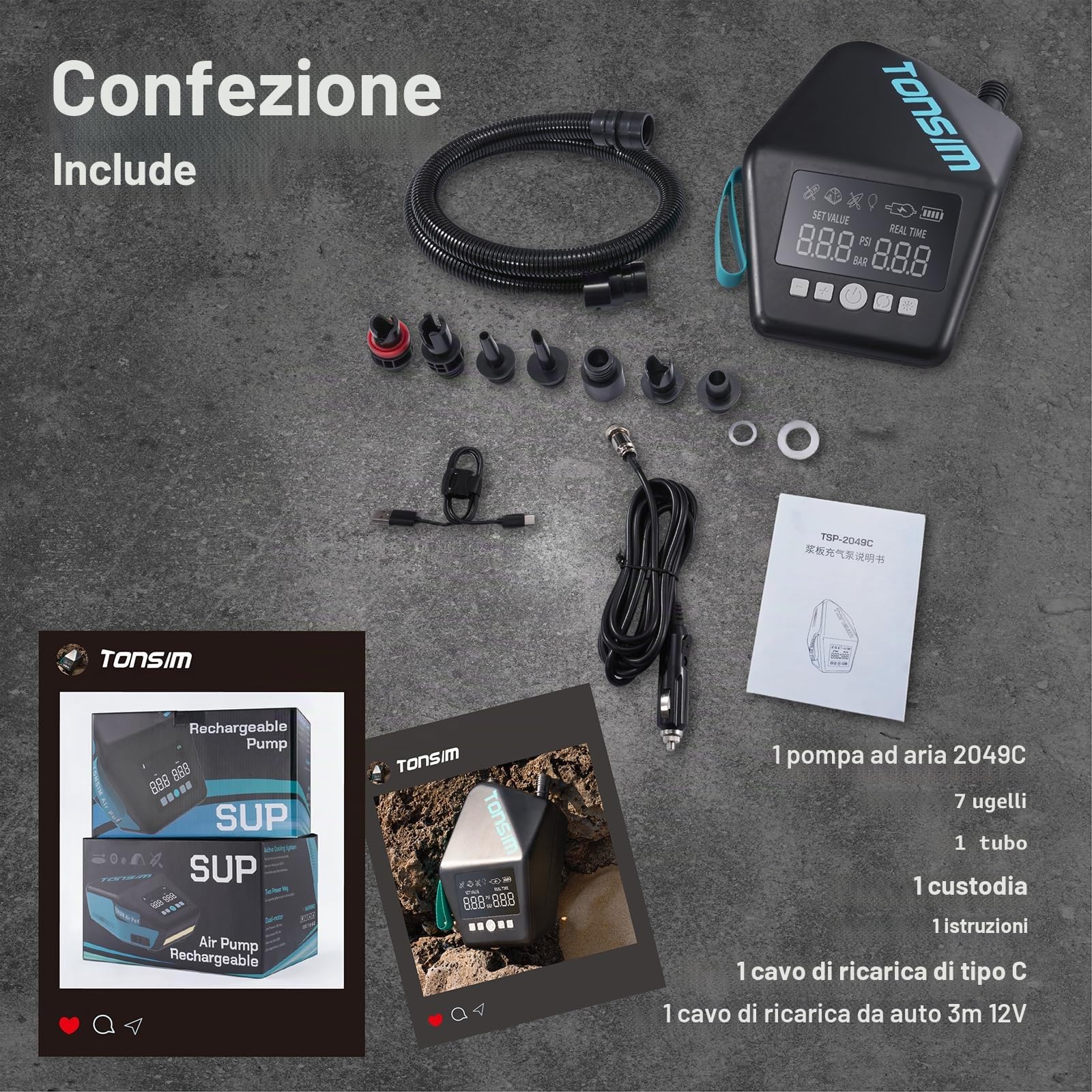 Tonsim Pompa Elettrica Sup con Batteria 20 PSI, Pompa ad Aria Ricaricabile con 4 Modalità, Doppio Stadio di Gonfiaggio e Sgonfiaggio, Collegamento Auto 12V-DC, Spegnimento Automatico per Paddleboard