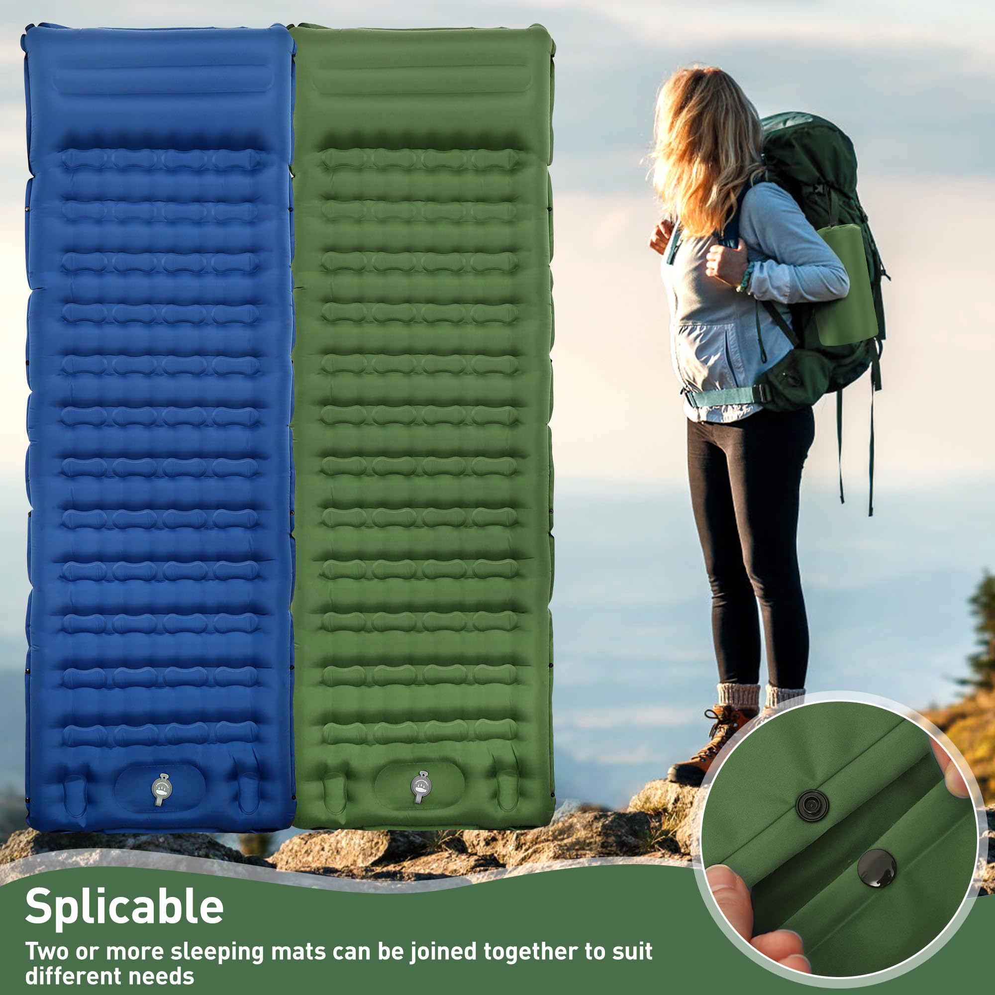 Isomatte Camping, 12CM Verdicktes Luftmatratze mit Fußpresse Pumpe,Luftverlust verhindern Aufblasbare Matratze Ultraleicht Wasserdicht Outdoor (Tannengrün)