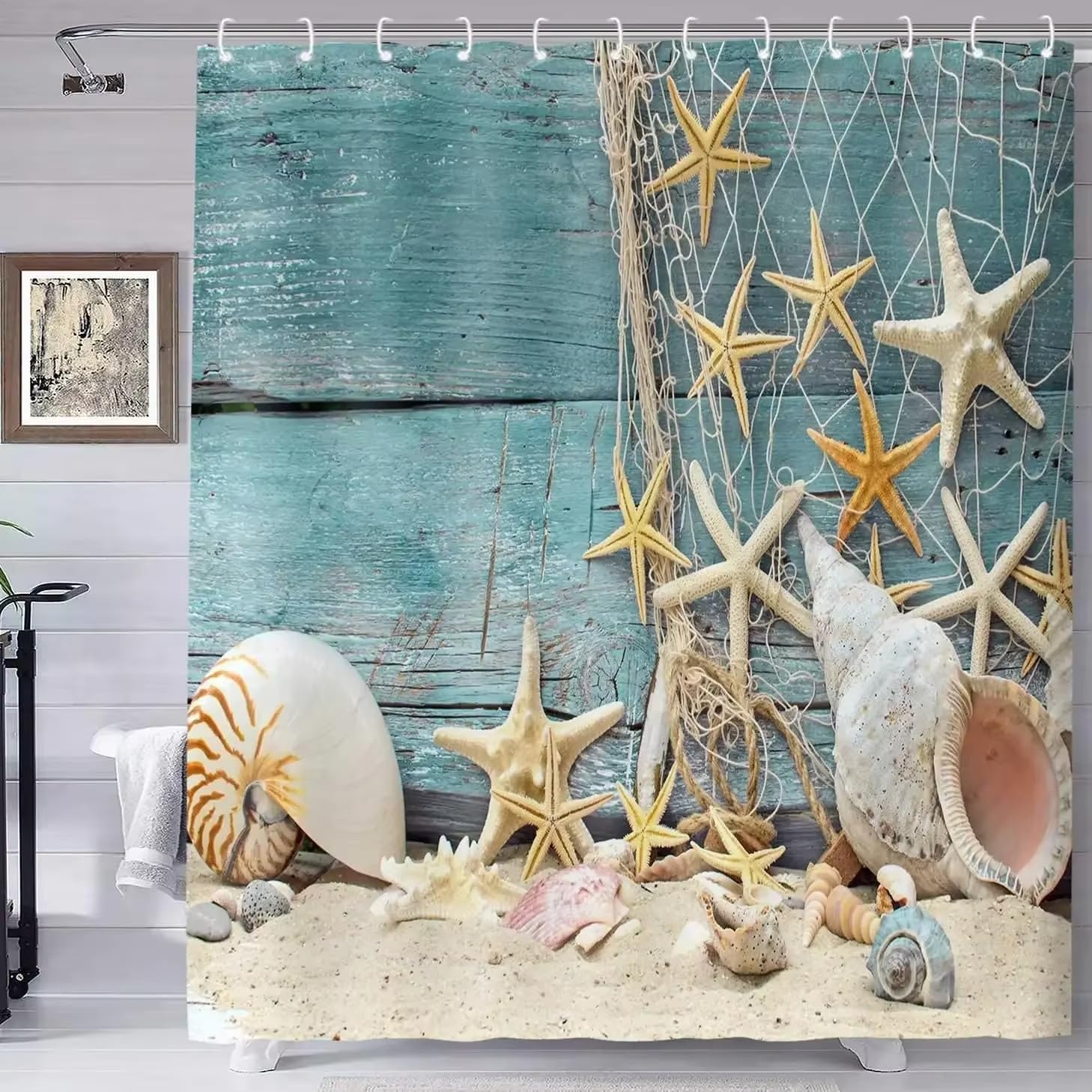 Rideau de Douche Coquillage Starfish Côtier 255x175cm(LxH) – Décoration Plage Été Nautique Rideau de Bain, Tissu Polyester Rideau de Douche et Rideau de Bain pour Maison