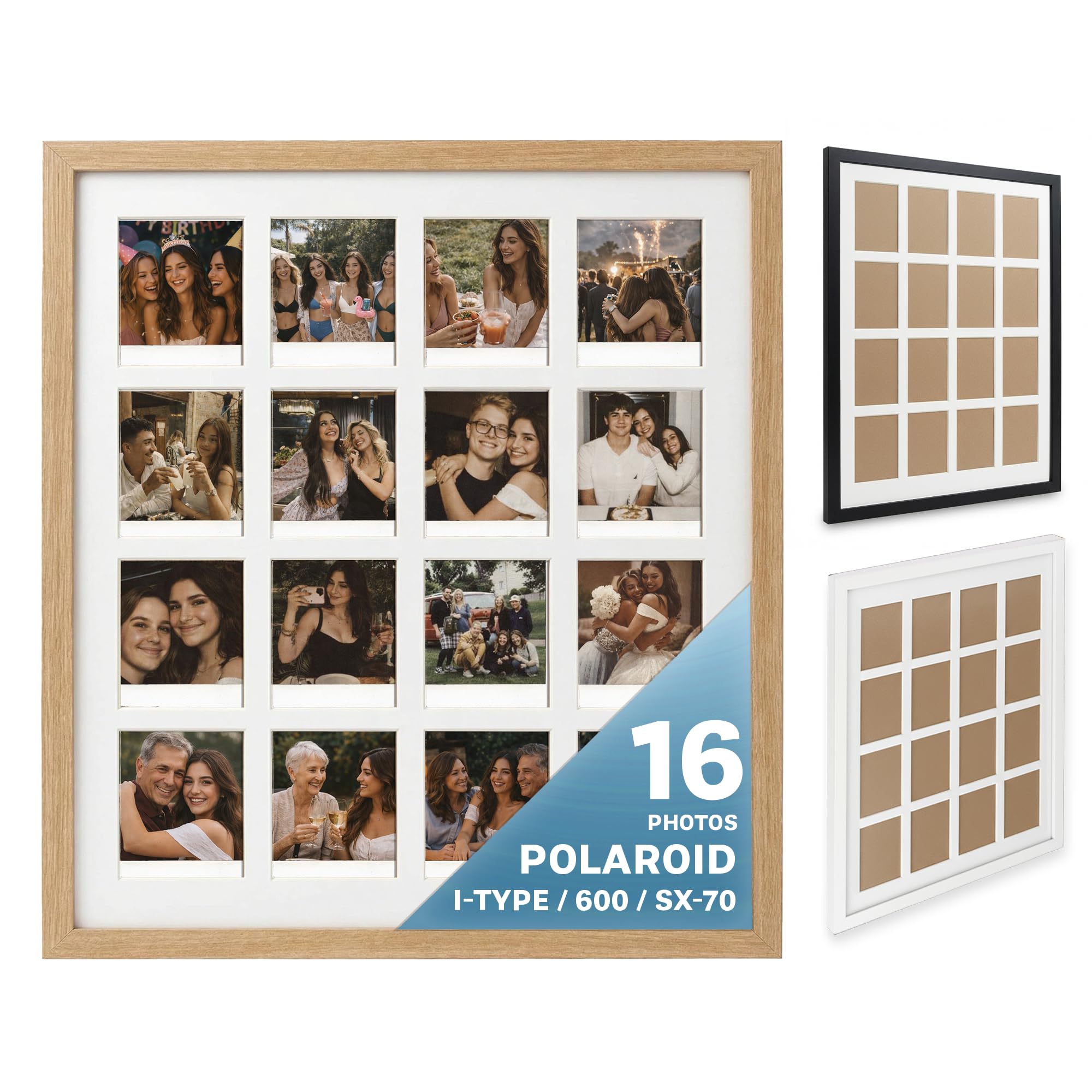 Tapeera Multi Picture Frame Collage Wall Decor For Polaroid i-Type 600 Film -16 Openings Photo Collage Frame For Wall Mini Picture Wall Frame - Not Compatible with Fujifilm Instax Mini Film (Wood)