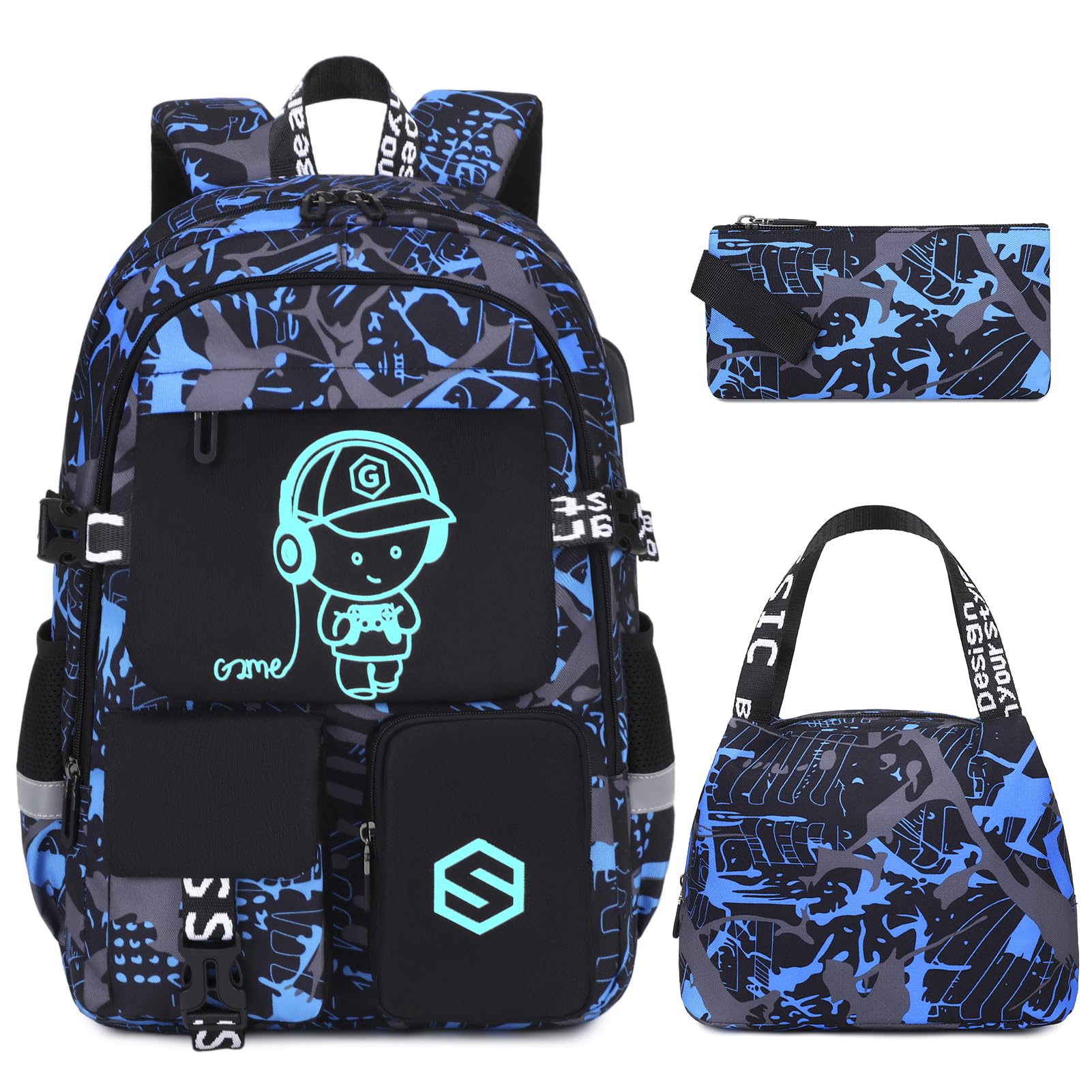 Scothen Boys Backpack, Cool Luminous School Backpacks for Boys with Lunch Bag Pencil Case, Kids Backpack Kindergarten Elementary Middle School Book Bags for Teen Boy Children with USB Charging Port Blue Musicer 3PCS Backpack Set