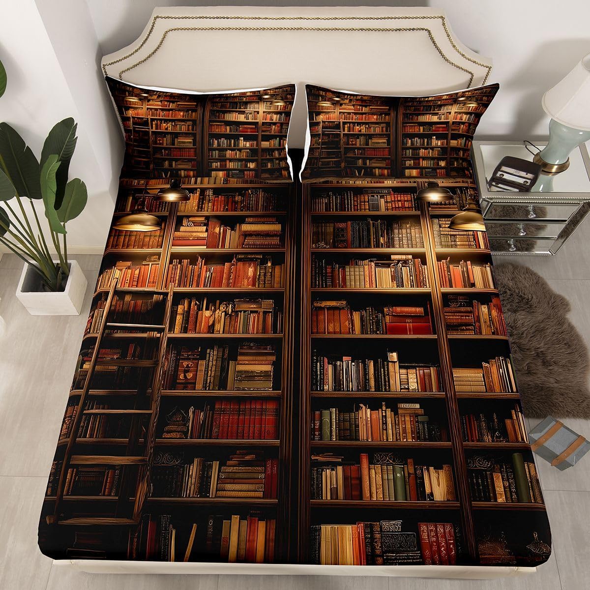 Feelyou Kids Library Bed Sheet Twin Size Old Books Retro Wooden Bookshelf Fitted Sheet for Boys Girls Vintage Museum Decor Bedding Set Bed Cover Deep Pocket